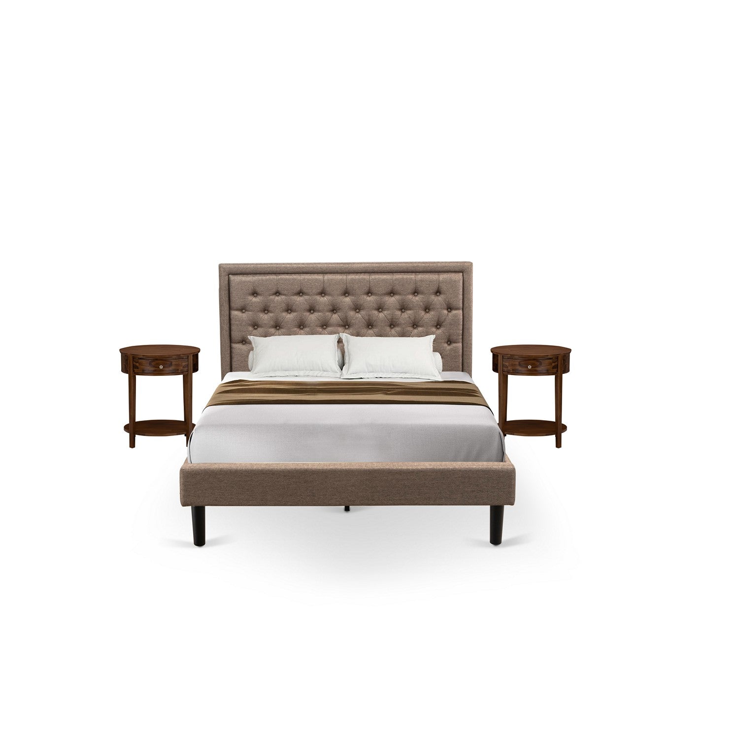 Juego de cama tamaño queen East West Furniture KD16Q-2HI08 de 3 piezas: 1 cama tamaño queen con cabecera acolchada y capitoné de lino color caqui oscuro; 2 mesitas de noche de madera con cajón de madera; patas con acabado negro.