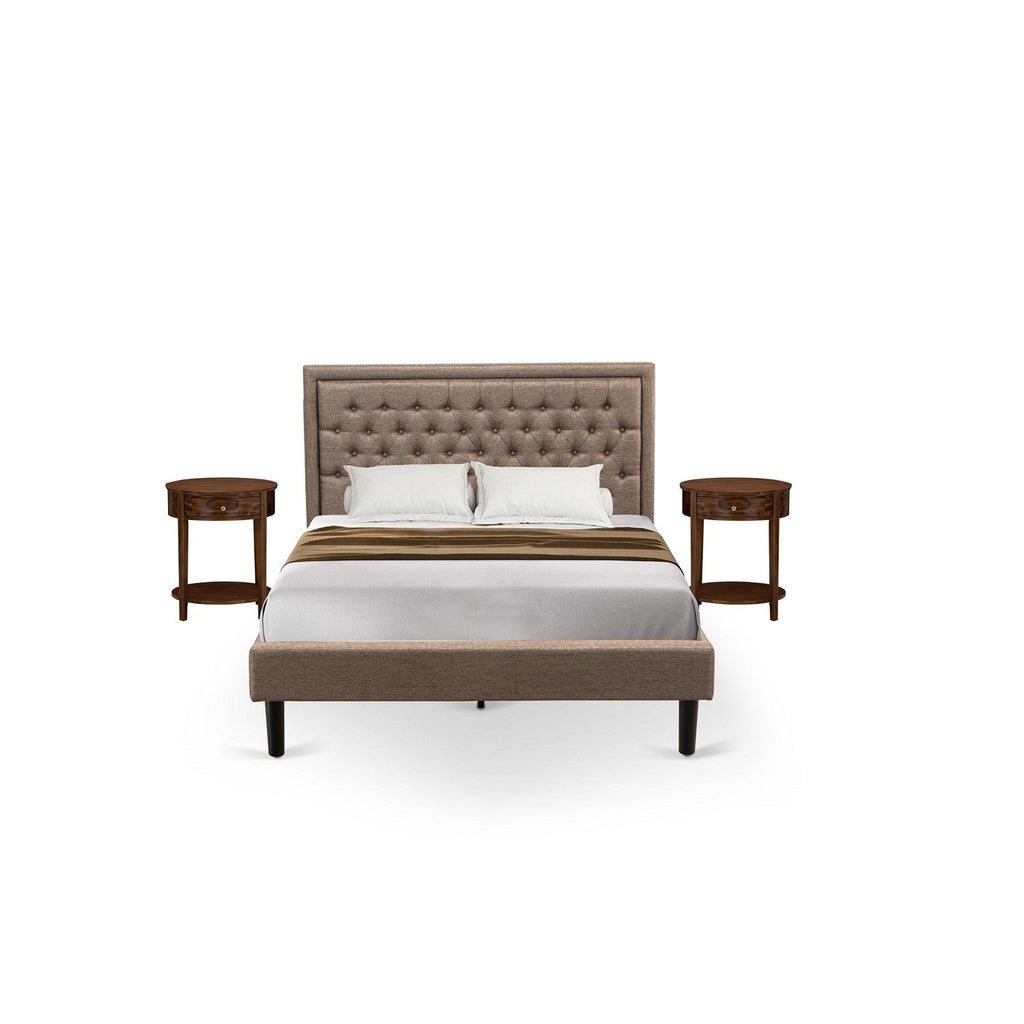 Juego de cama tamaño queen East West Furniture KD16Q-2HI08 de 3 piezas: 1 cama tamaño queen con cabecera acolchada y capitoné de lino color caqui oscuro; 2 mesitas de noche de madera con cajón de madera; patas con acabado negro.
