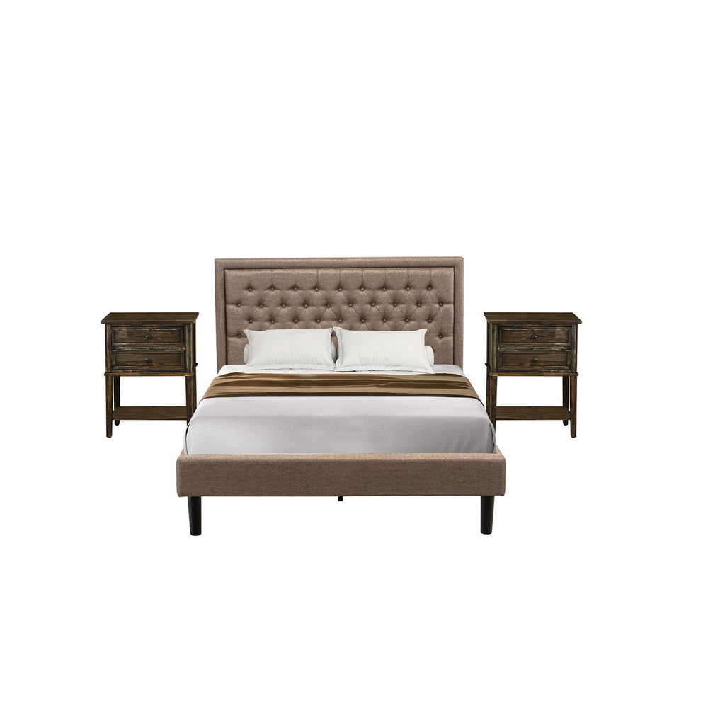 Juego de dormitorio tamaño queen de 3 piezas East West Furniture KD16Q-2VL07: 1 cama de plataforma, cabecero acolchado con botones y tela de lino color caqui oscuro, 2 mesitas de noche con cajones de madera y patas con acabado negro.