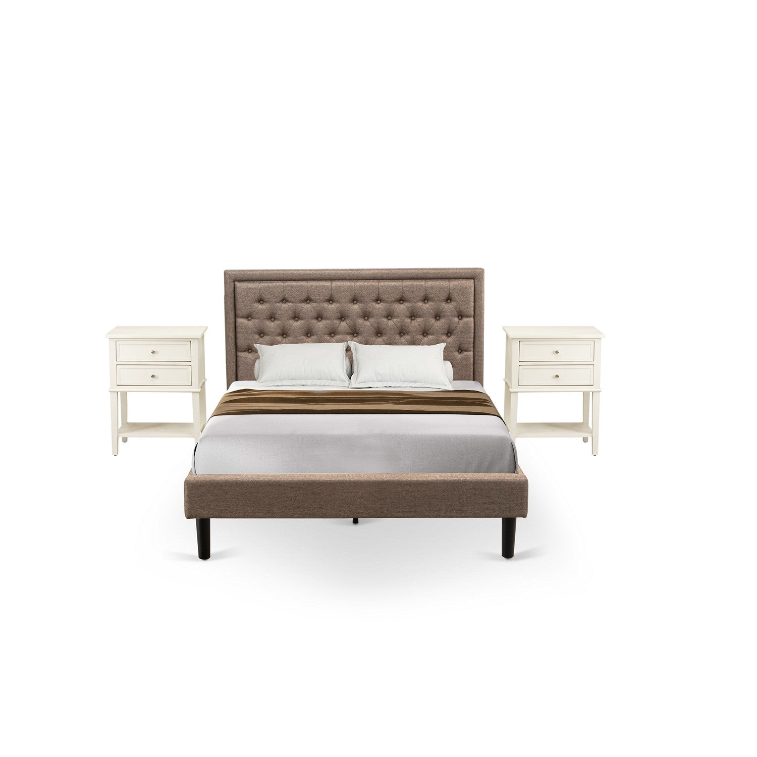 Juego de dormitorio East West Furniture KD16Q-2VL0C de 3 piezas con cama tamaño queen. Incluye: 1 cama tamaño queen, cabecero acolchado de lino color caqui oscuro con botones, 2 mesitas de noche modernas con cajón de madera y patas con acabado negro.