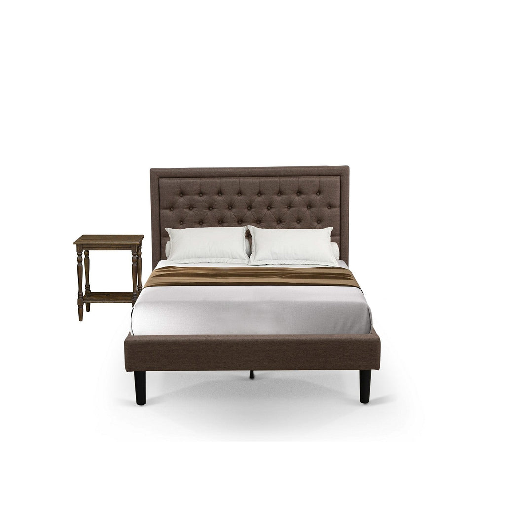East West Furniture KD18F-1BF07 2 Piece Full Size Bedroom Set - 1 Full Size Bed Frame Brown Linen Fabric Padded and Button Tufted Headboard with 1 Mid Century Modern Nightstand - Black Finish Legs