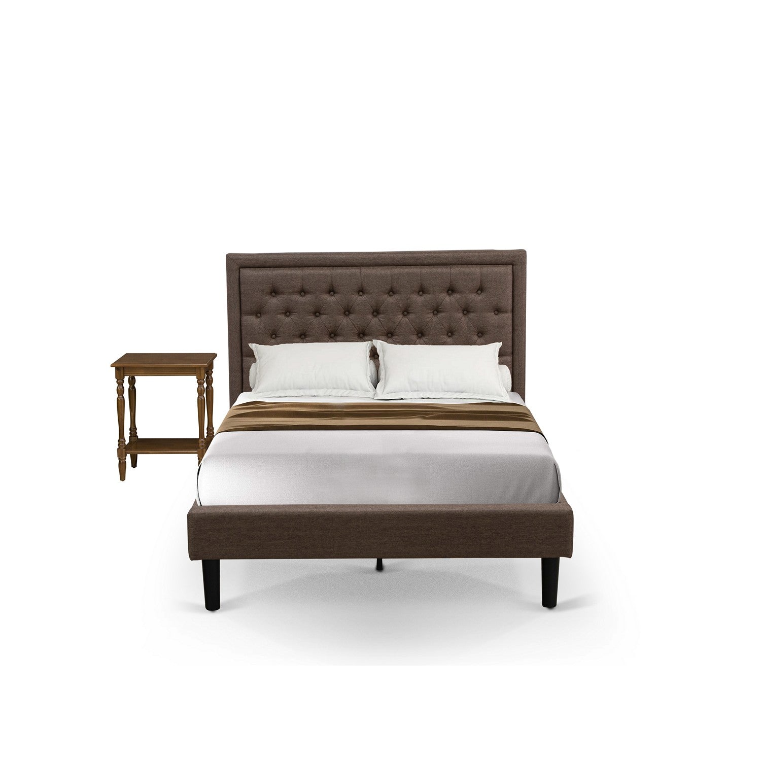 Juego de dormitorio de 2 piezas East West Furniture KD18F-1BF08: cama de madera tamaño matrimonial, cabecero acolchado con botones y tela de lino marrón, mesita de noche, patas con acabado negro.