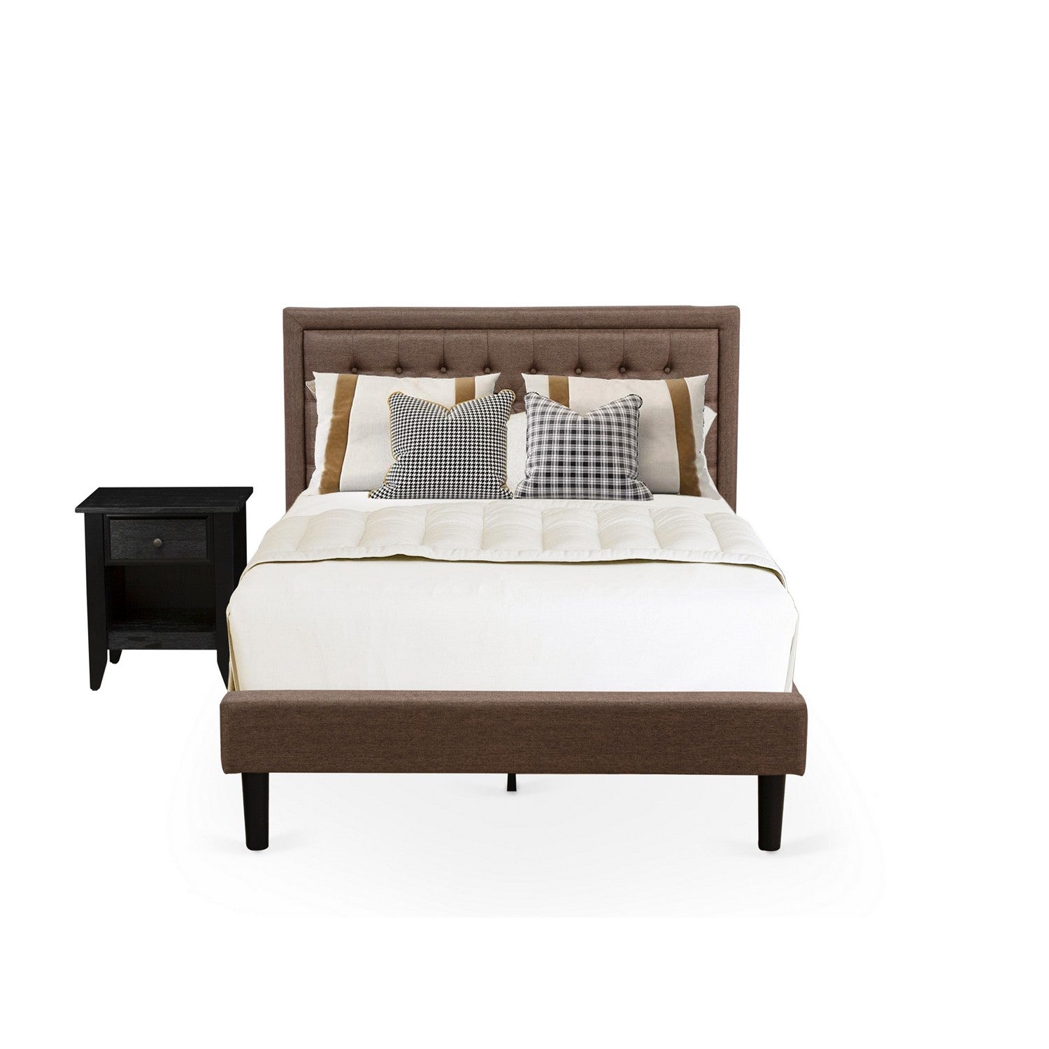Juego de cama de 2 piezas East West Furniture KD18F-1DE07 tamaño matrimonial: 1 base de cama con plataforma, cabecero acolchado de lino marrón con botones, 1 mesita de noche con cajón de madera y patas con acabado negro.