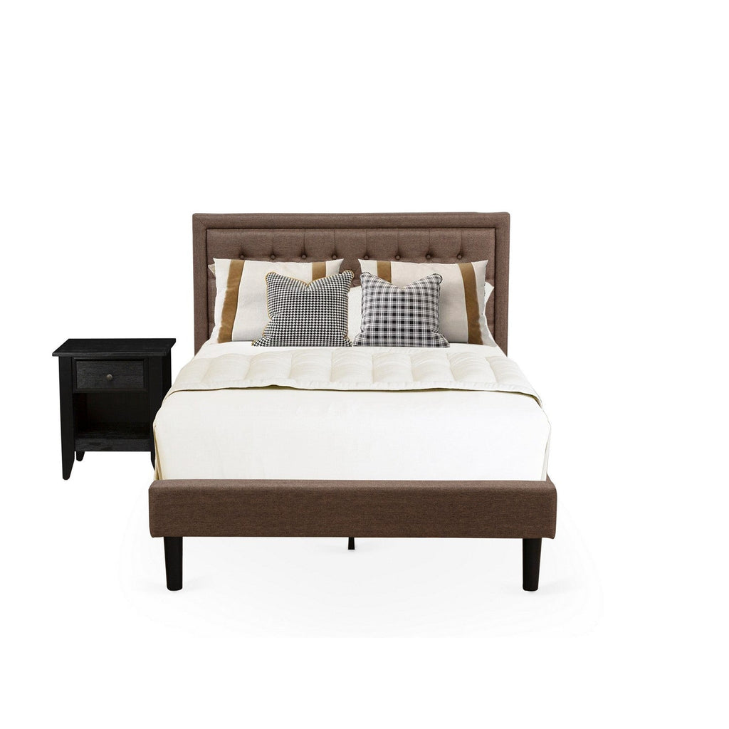 East West Furniture KD18F-1GA06 2 Pc Bedroom Set - 1 Full Platform Bed Brown Linen Fabric Padded and Button Tufted Headboard - 1 Wooden Nightstand with Wooden Drawer - Black Finish Legs