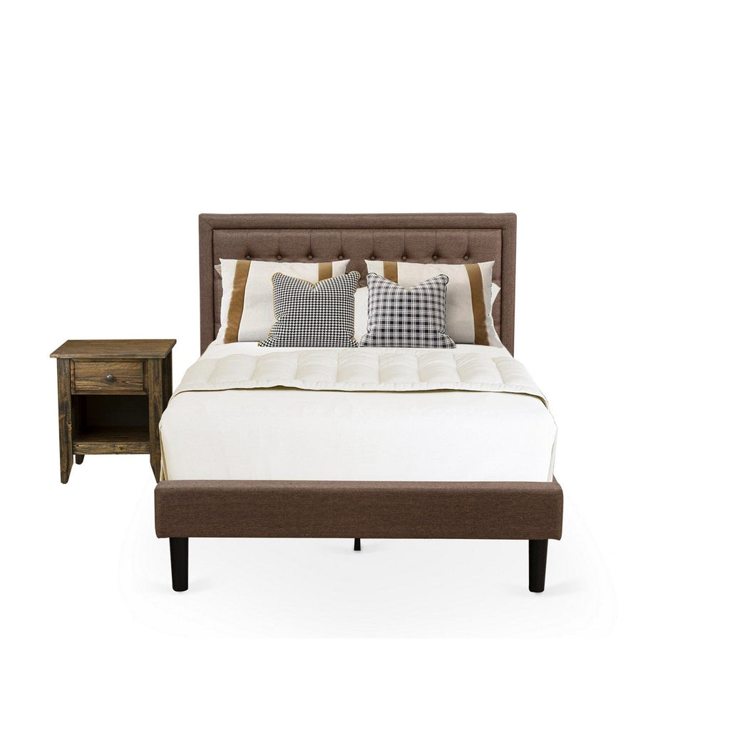 Juego de cama de 2 piezas East West Furniture KD18F-1GA07: 1 cama matrimonial, cabecero acolchado de lino marrón con botones, 1 mesita de noche con cajón de madera para dormitorio, patas con acabado negro.