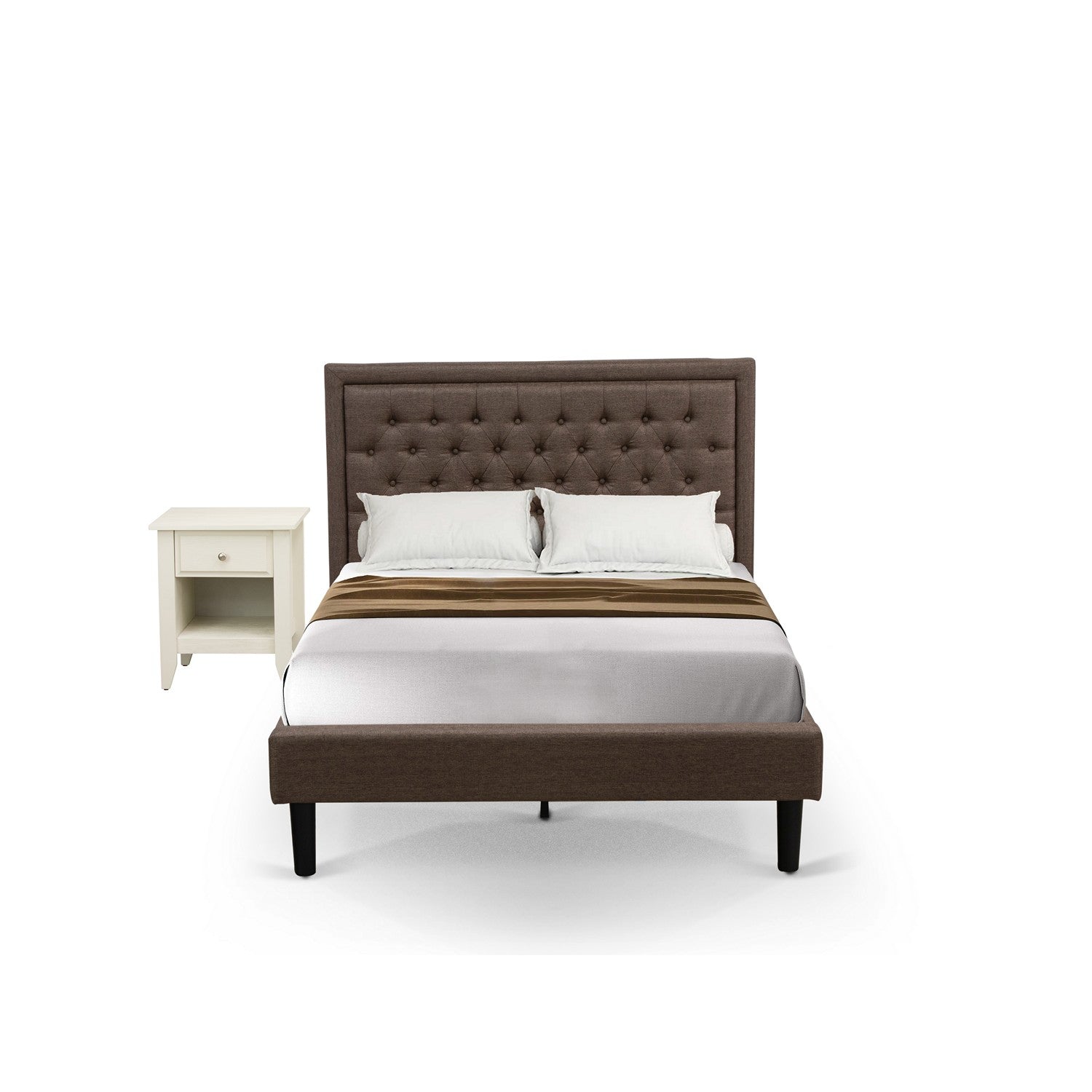 Juego de dormitorio de madera de 2 piezas East West Furniture KD18F-1GA0C: 1 cama de madera con cabecero acolchado de lino marrón y botones, 1 mesita de noche con cajón moderno y patas con acabado negro.
