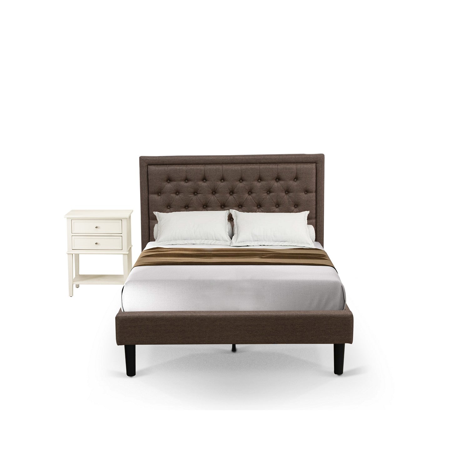 East West Furniture KD18F-1VL0C 2 Piece Wood Bedroom Set - 1 Full Bed Brown Linen Fabric Padded and Button Tufted Headboard with 1 Night Stands - Wire Brushed Butter Cream Finish Nightstand