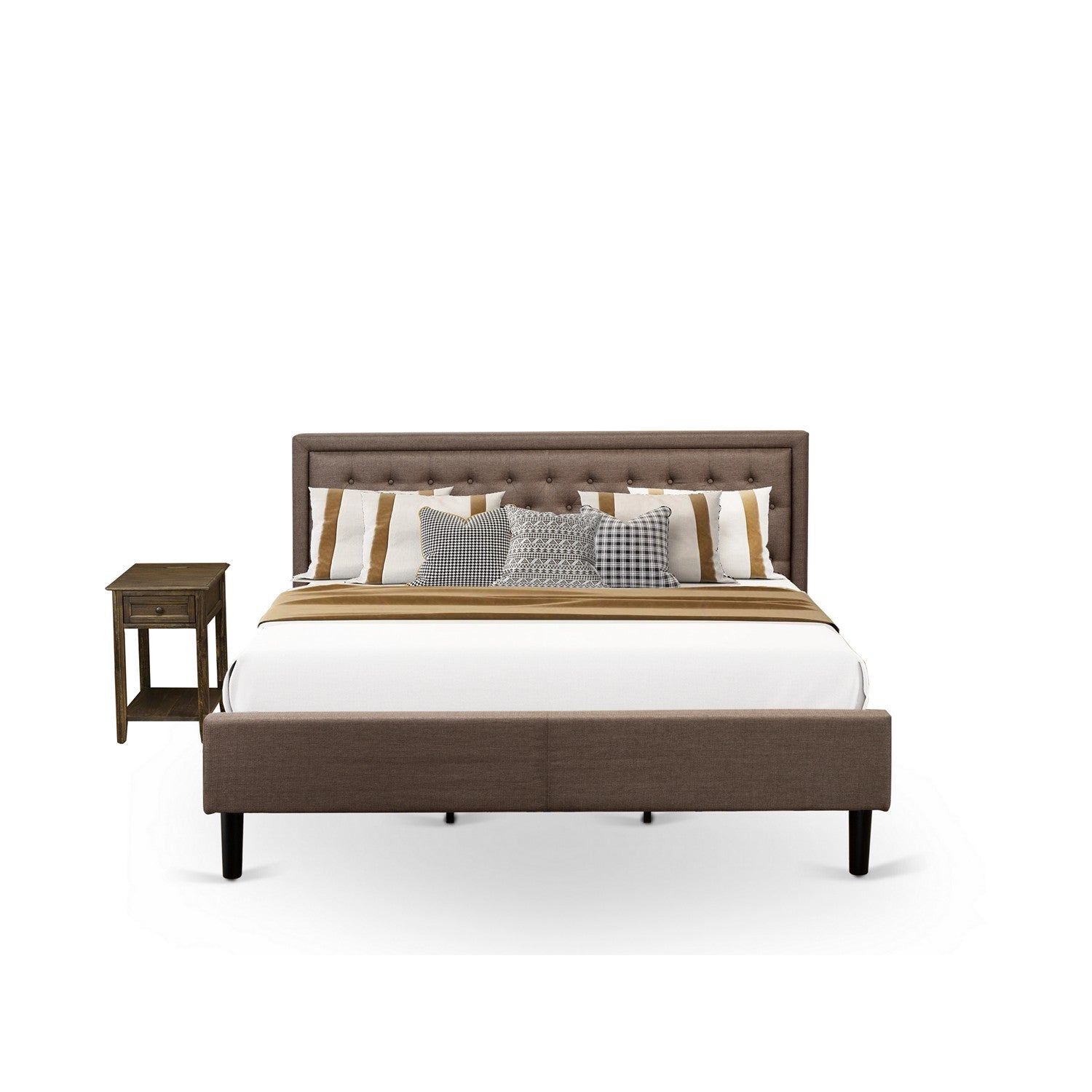 East West Furniture KD18K-1DE07 2 Piece Bed Set - 1 Bed frame Brown Linen Fabric Padded and Button Tufted Headboard with 1 Wooden Night Stand - Distressed Jacobean Finish Nightstand