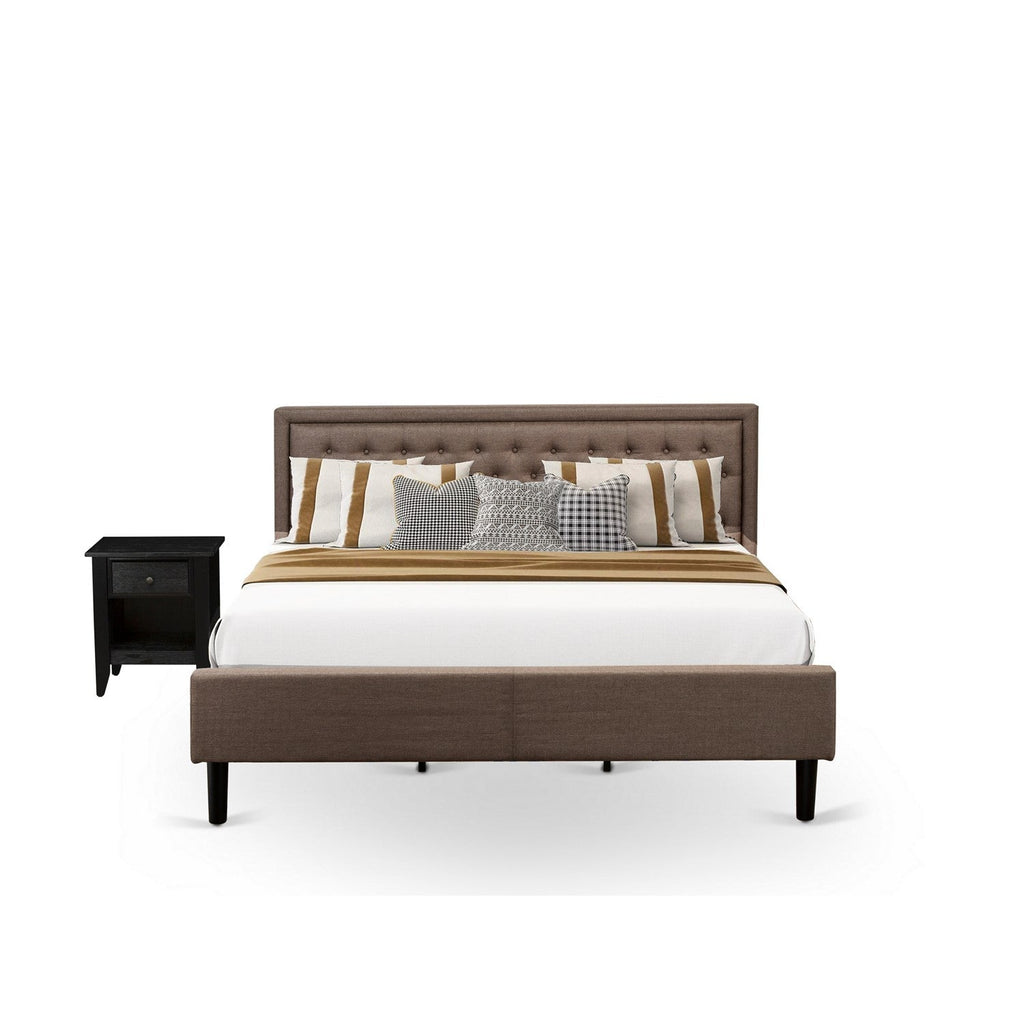 Juego de dormitorio King de 2 piezas KD18K-1GA06: 1 cama de madera con cabecero acolchado de lino marrón y botones, 1 mesita de noche de mediados de siglo con cajón moderno y patas con acabado negro.