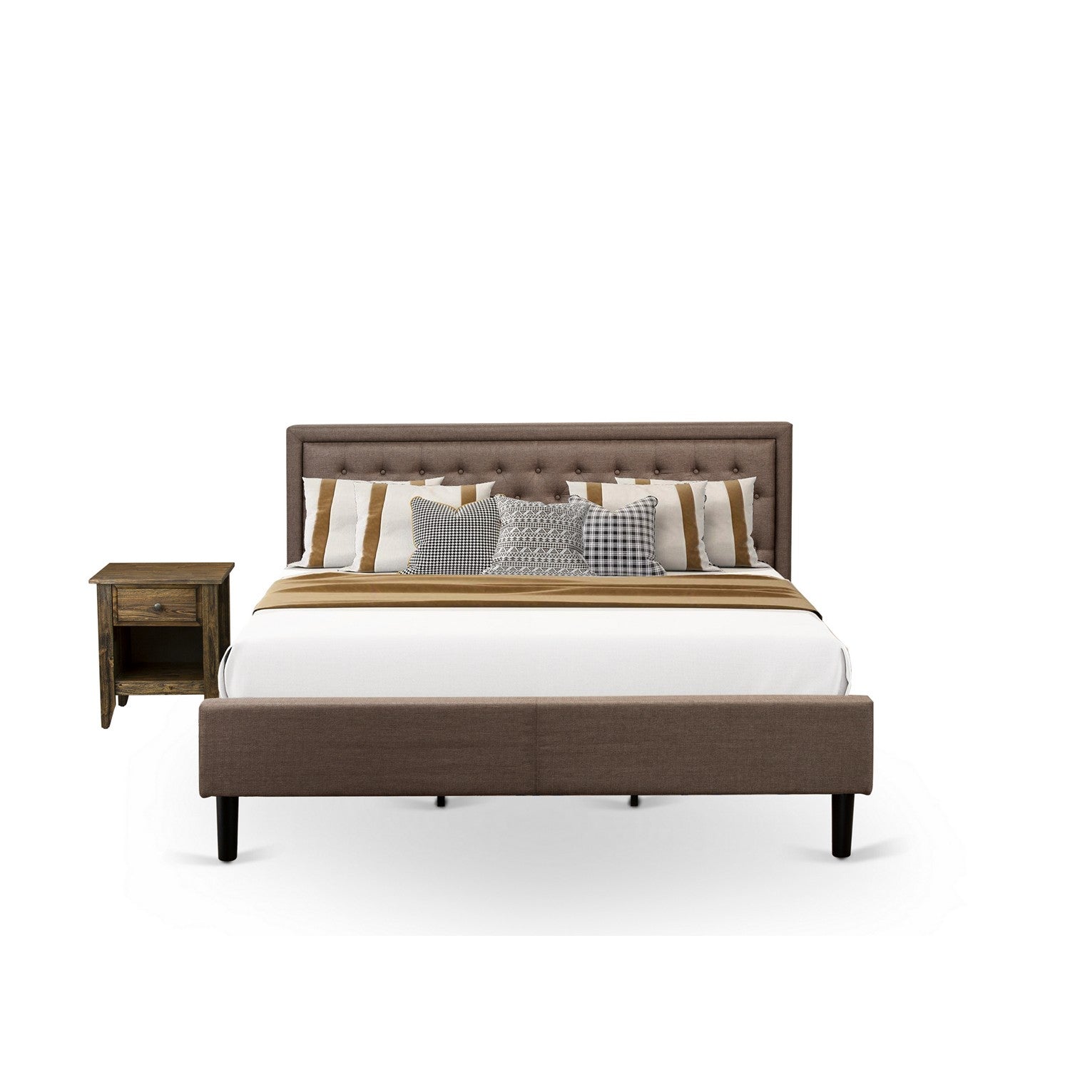 KD18K-1GA07 2 Piece King Bedroom Set - 1 Bed frame Brown Linen Fabric Padded and Button Tufted Headboard with 1 Mid Century Nightstand - Distressed Jacobean Finish Nightstand