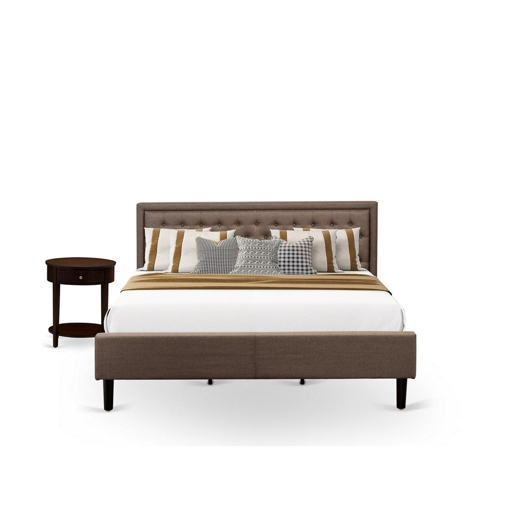Juego de dormitorio East West Furniture KD18K-1HI0M de 2 piezas tamaño king: 1 cama king size con plataforma, cabecero acolchado de lino marrón con botones, 1 mesita de noche con cajón de madera y patas con acabado negro.
