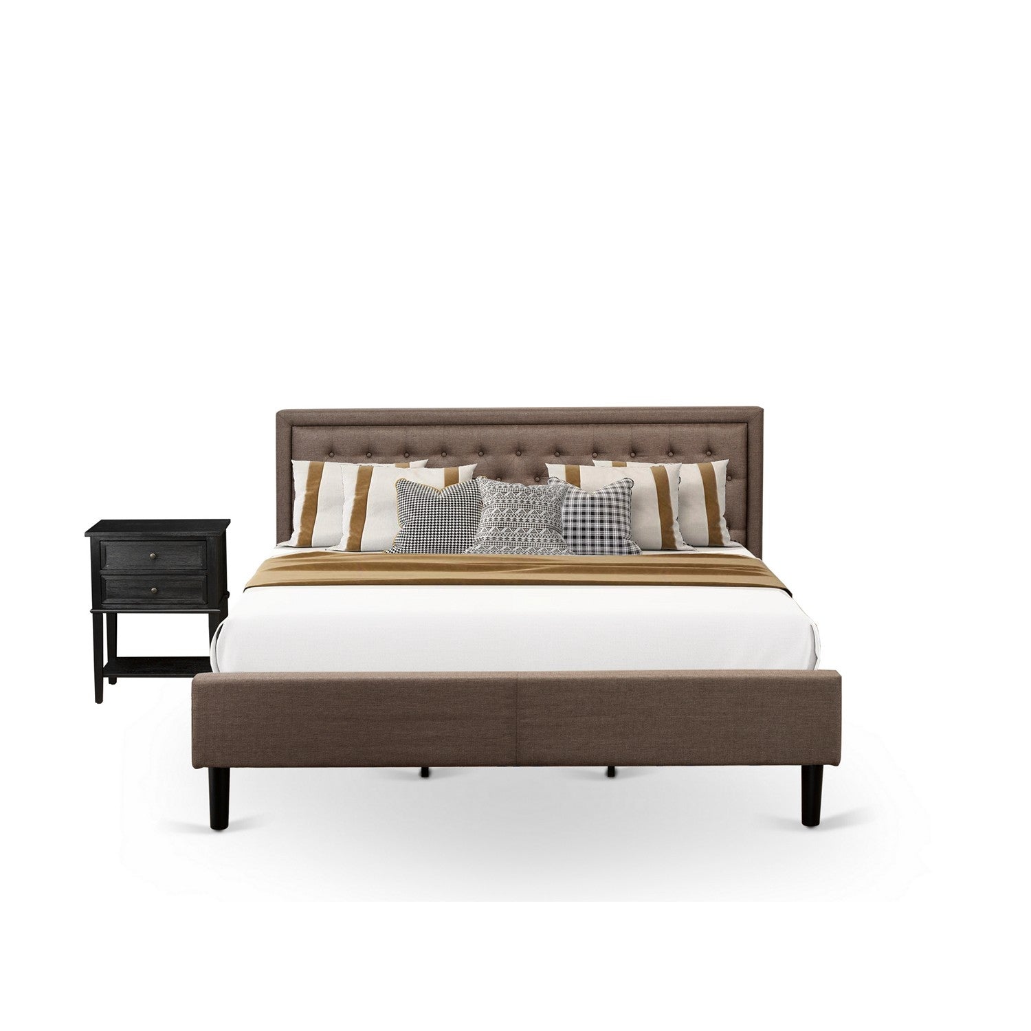 KD18K-1VL06 2 Piece King Size Bed Set - 1 Wooden Bed Frame Brown Linen Fabric Padded and Button Tufted Headboard with 1 Night Stands - Wire Brushed Black Finish Nightstand