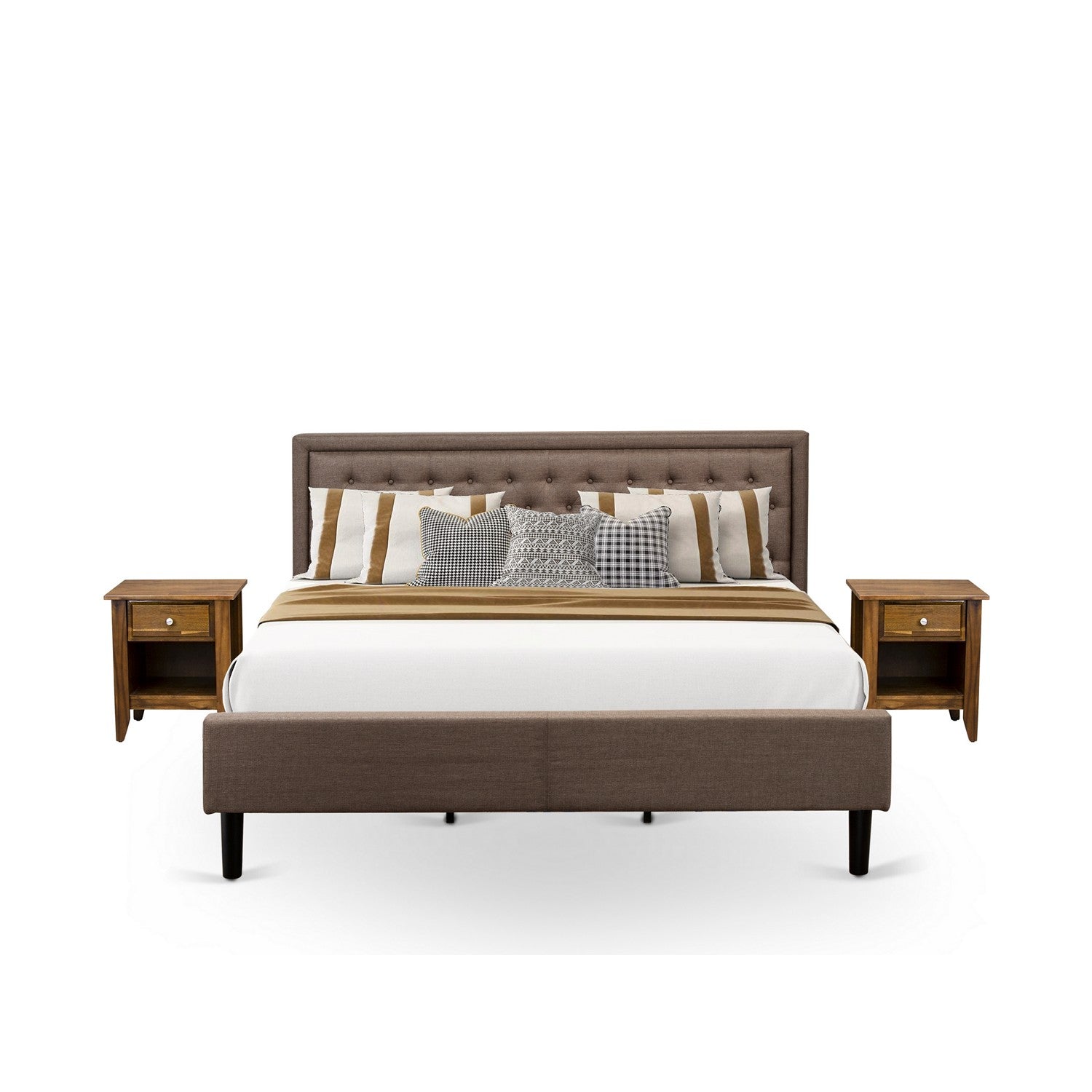 East West Furniture KD18K-2GA08 3 Piece King Bed Set - 1 King Bed Frame Brown Linen Fabric Padded and Button Tufted Headboard with 2 nightstands Bedroom - Antique Walnut Finish Nightstand