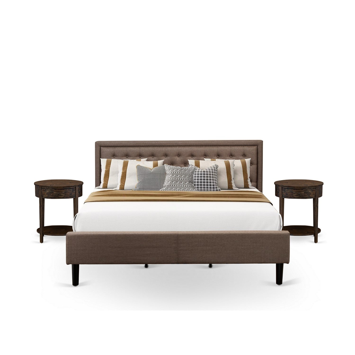 Juego de dormitorio East West Furniture KD18K-2HI07 de 3 piezas con cama tamaño king, cabecero acolchado con botones y tela de lino marrón, dos mesitas de noche con cajones de estilo moderno de mediados de siglo y patas con acabado negro.