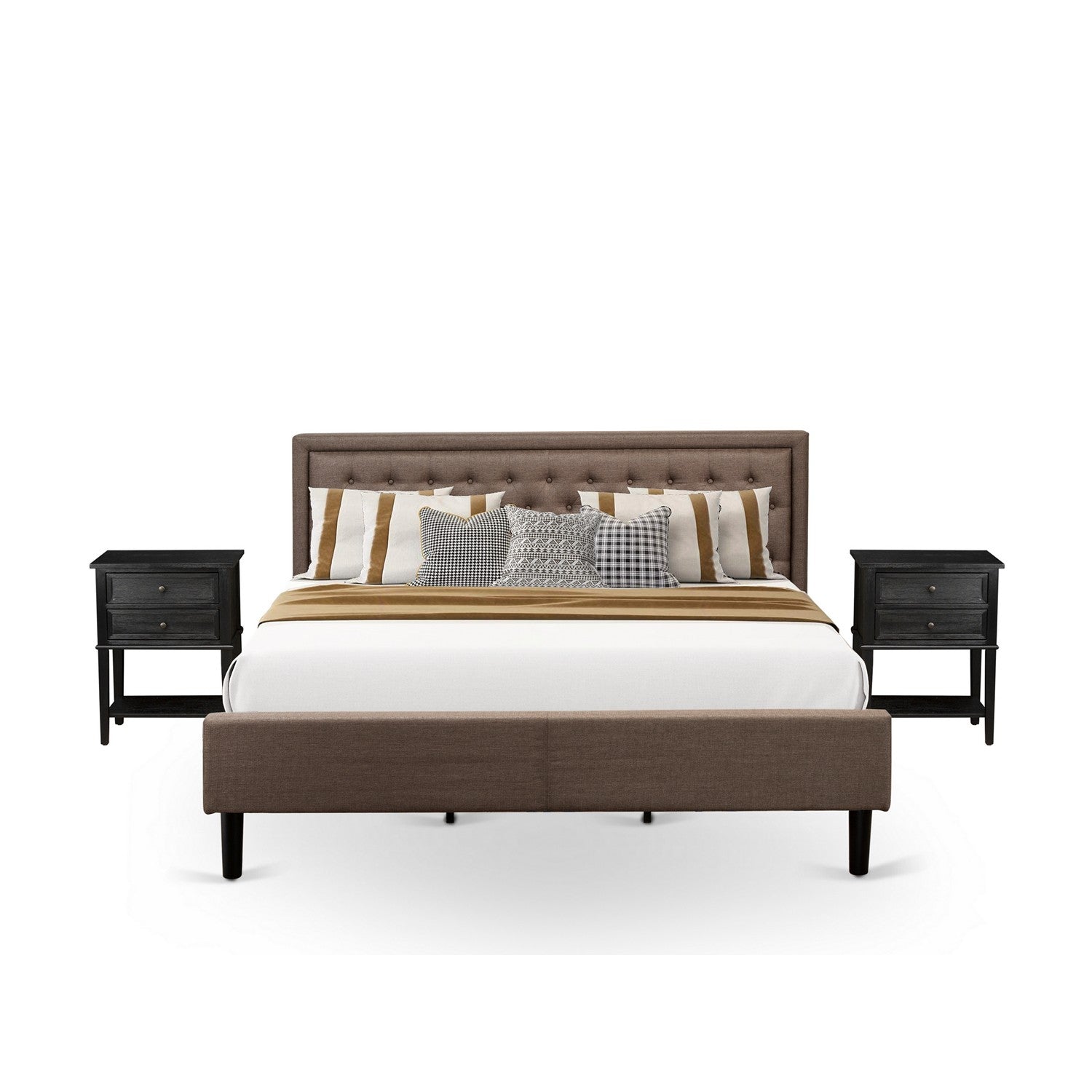 Juego de dormitorio King de 3 piezas KD18K-2VL06: 1 cama con estructura de lino marrón, cabecero acolchado con botones, 2 mesitas de noche modernas con cajones de madera y patas con acabado negro.