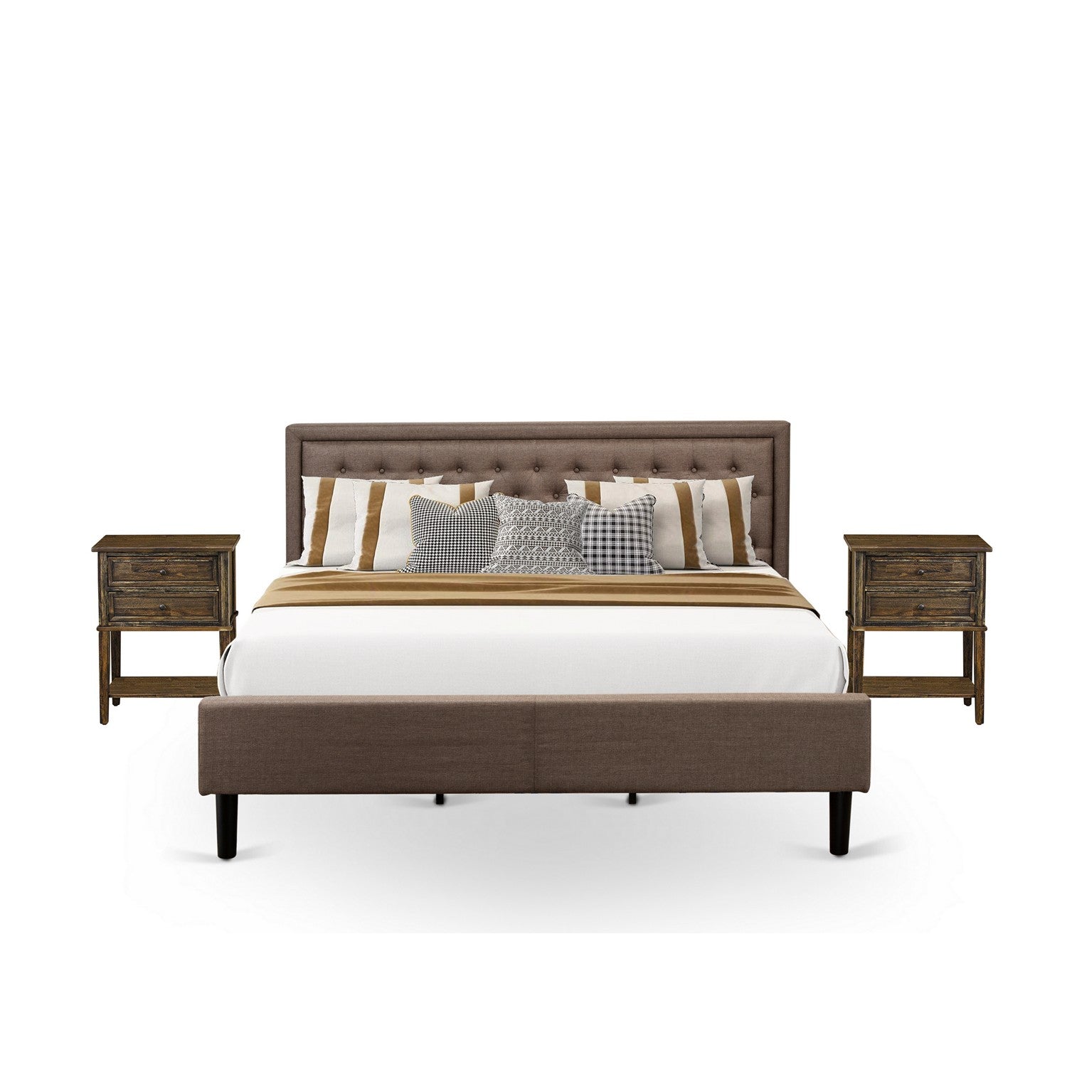 KD18K-2VL07 Juego de cama de 3 piezas: 1 cama King con plataforma, cabecero acolchado de lino marrón con botones, 2 mesitas de noche con cajones de madera y patas con acabado negro.