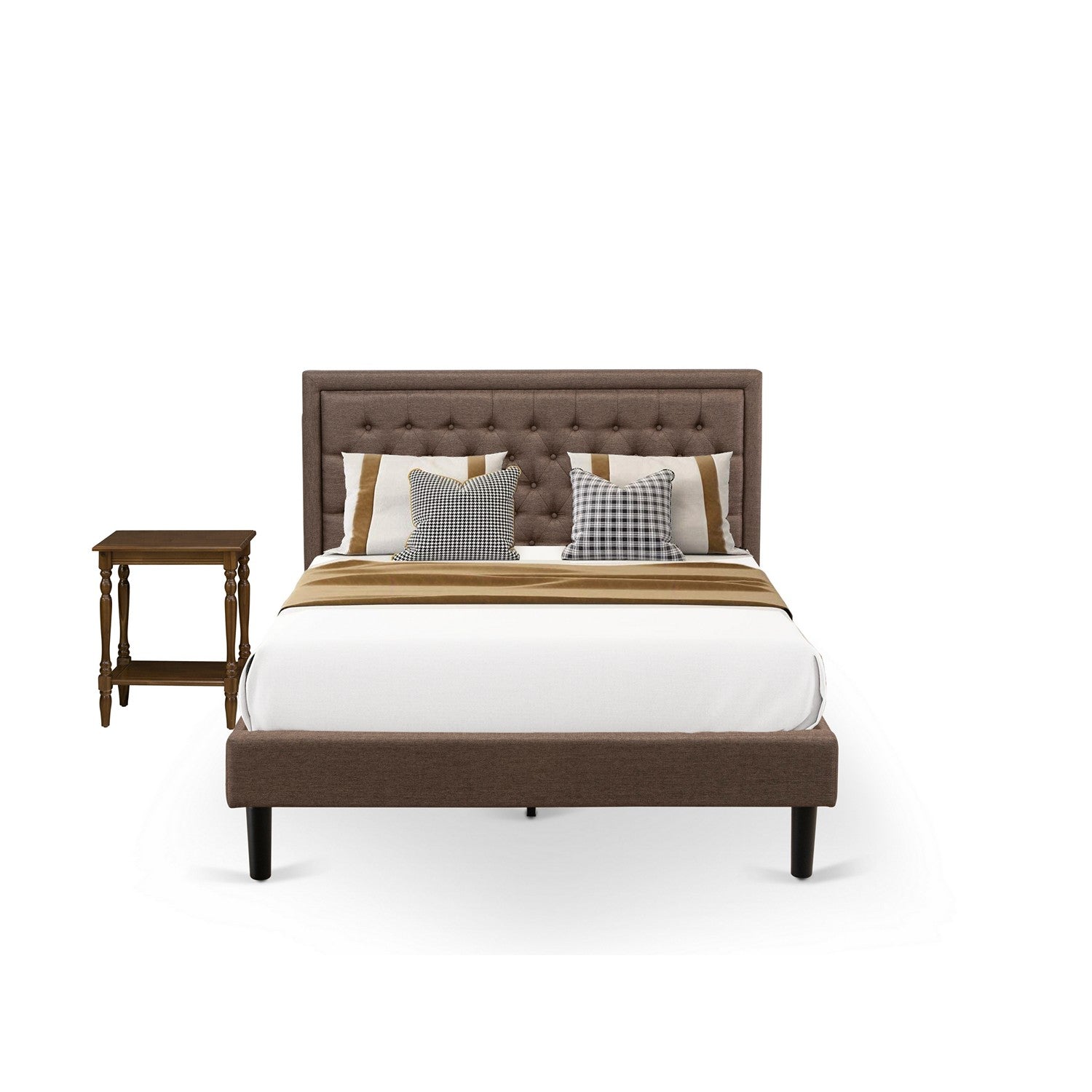 Juego de dormitorio de 2 piezas East West Furniture KD18Q-1BF08: cama Queen con plataforma, cabecero acolchado de lino marrón con botones y mesita de noche, patas con acabado negro.