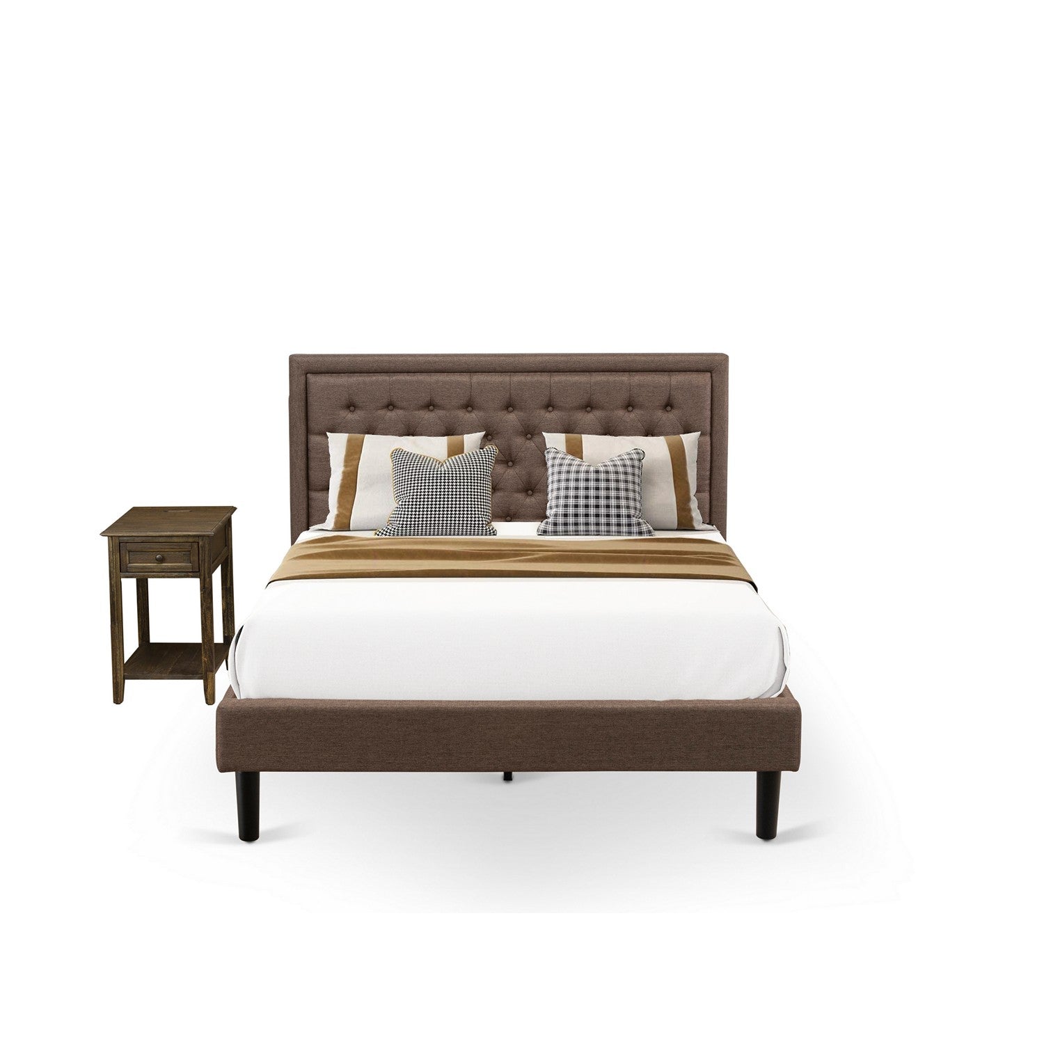 Juego de cama tamaño queen East West Furniture KD18Q-1DE07 de 2 piezas: 1 base de cama tamaño queen con cabecero acolchado de lino marrón y botones, 1 mesita de noche de madera con cajón de madera y patas con acabado negro.