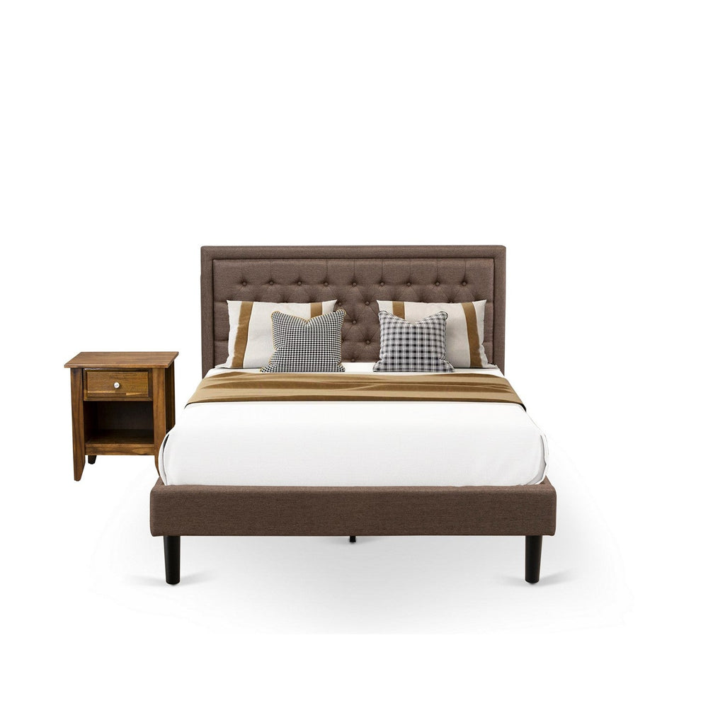 East West Furniture KD18Q-1GA08 2 Pc Queen Bed Set - 1 Wood Bed Frame Brown Linen Fabric Padded and Button Tufted Headboard - 1 Night Stand For Bedroom with Wood Drawer - Black Finish Legs