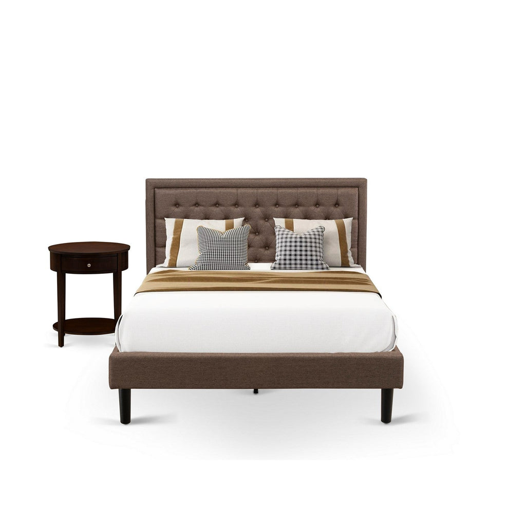 East West Furniture KD18Q-1HI0M 2 Piece Queen Size Bed Set - 1 Wood Bed Frame Brown Linen Fabric Padded and Button Tufted Headboard - 1 Mid Century Nightstand with Modern Drawer - Black Finish Legs