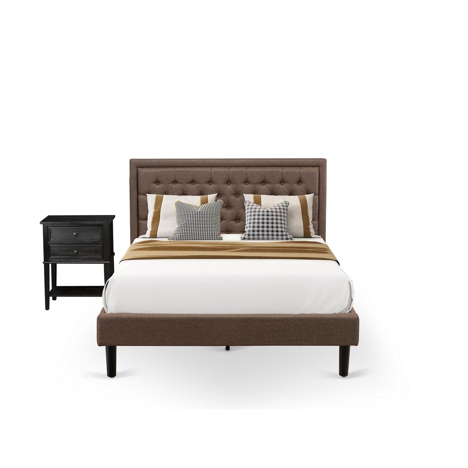 East West Furniture KD18Q-1VL06 2 Piece Queen Bedroom Set - 1 Platform Bed Queen Brown Linen Fabric Padded and Button Tufted Headboard with 1 Modern Nightstand - Wire Brushed Black Finish Nightstand