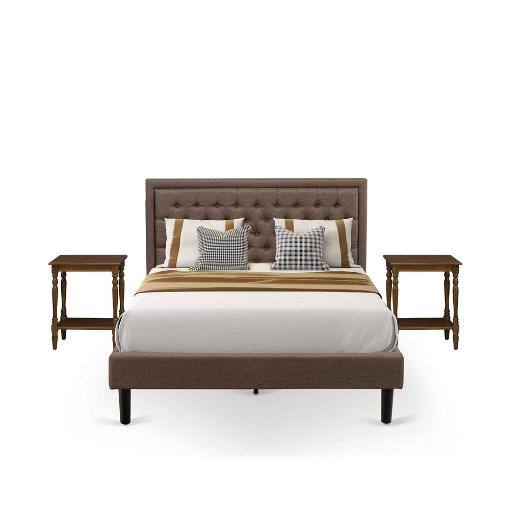 East West Furniture KD18Q-2BF08 3 Piece Bed Set - 1 Platform Queen Bed Frame Brown Linen Fabric Padded and Button Tufted Headboard with 2 Mid Century Modern Nightstand - Black Finish Legs