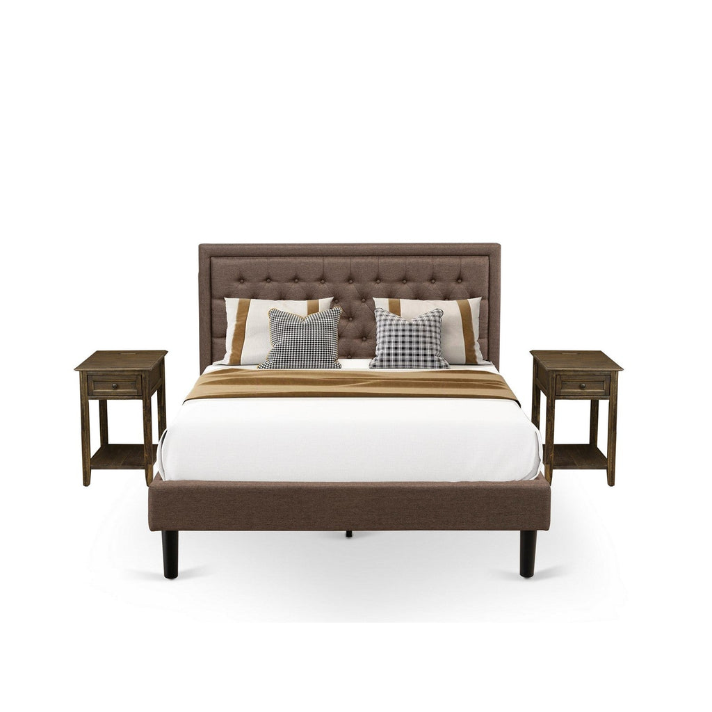 Juego de cama de 3 piezas East West Furniture KD18Q-2DE07: 1 estructura de cama moderna con cabecero acolchado y capitoné de lino marrón, 2 mesitas de noche modernas de mediados de siglo con cajón de madera y patas con acabado negro.