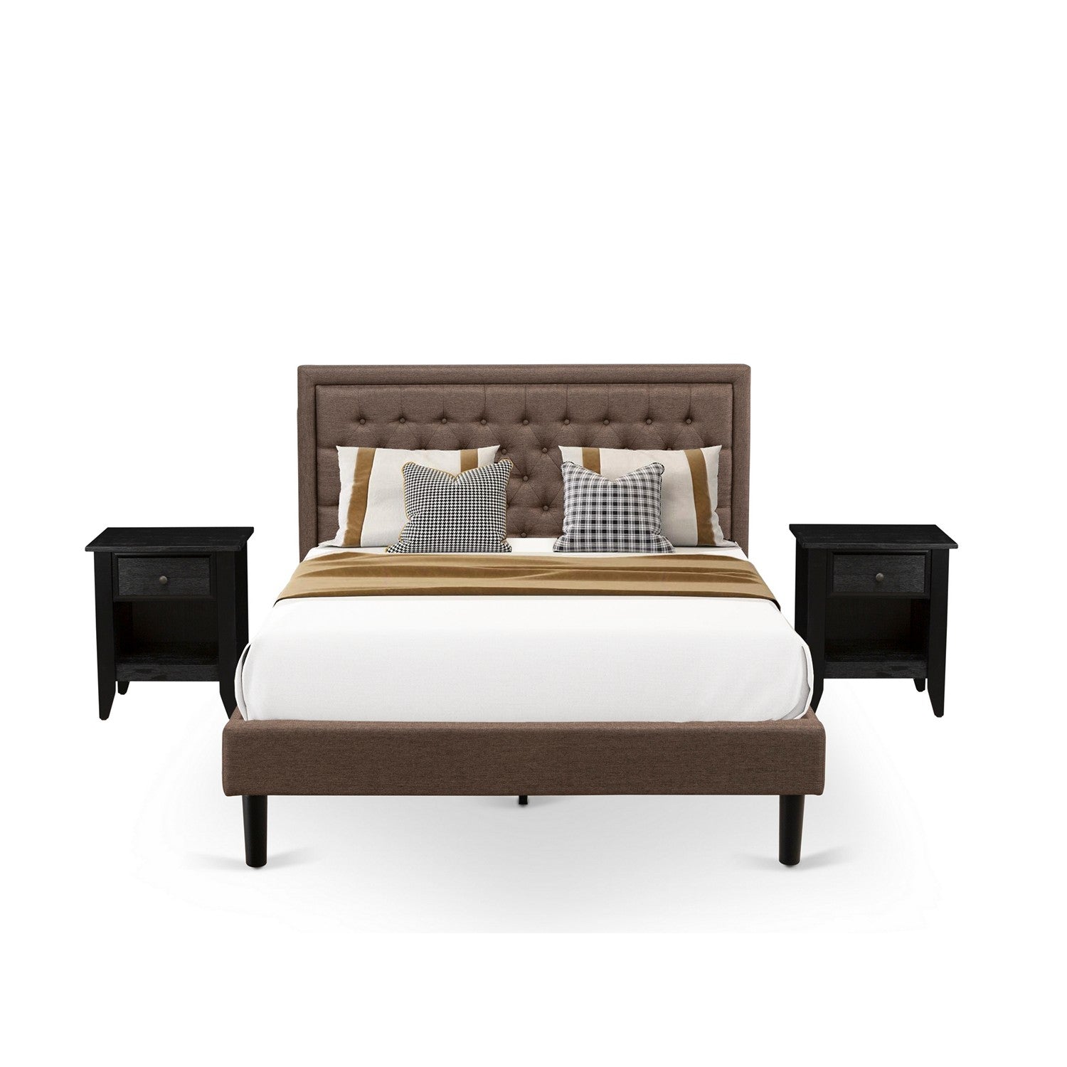East West Furniture KD18Q-2GA06 3 Piece Bedroom Set - 1 Queen Size Bed Brown Linen Fabric Padded and Button Tufted Headboard with 2 Wooden Night Stand - Wire Brushed Black Finish Nightstand