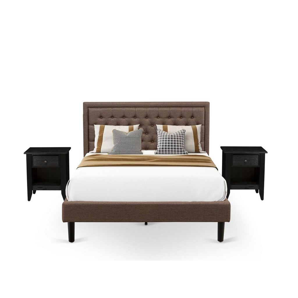 East West Furniture KD18Q-2GA06 3 Piece Queen Bed Set - 1 Queen Bed Frame Brown Linen Fabric Padded and Button Tufted Headboard - 2 Night Stands with Wood Drawer for Bedroom - Black Finish Legs