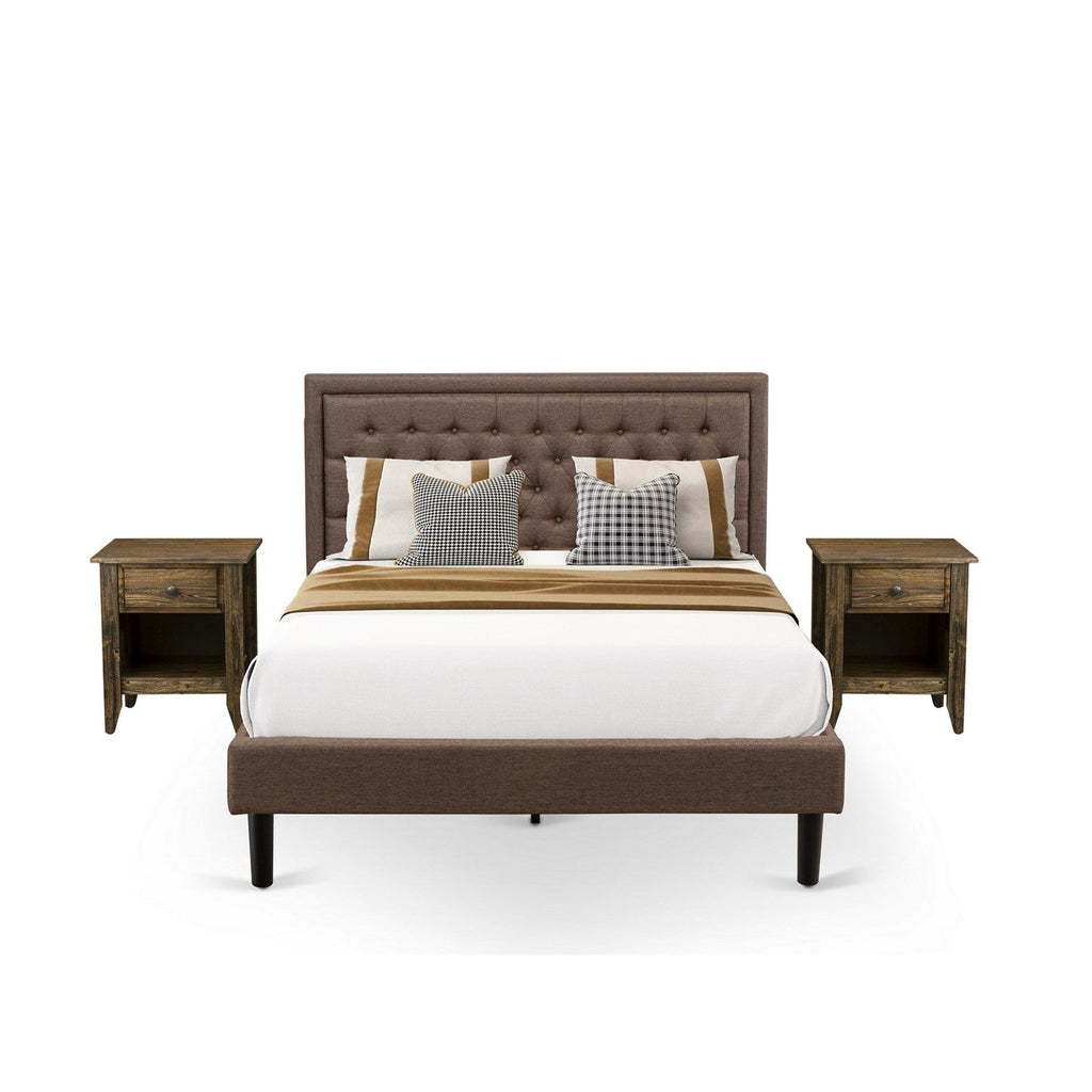East West Furniture KD18Q-2GA07 3 Piece Bed Set - 1 Queen Size Bed Frame Brown Linen Fabric Padded and Button Tufted Headboard - 2 Bedroom Nightstand with Wooden Drawer - Black Finish Legs
