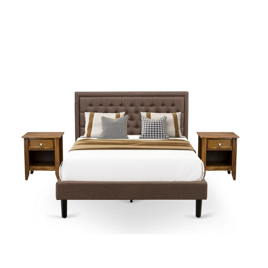 Juego de cama de 3 piezas KD18Q-2GA08: 1 cama tamaño queen con cabecero acolchado de lino marrón y botones, 2 mesitas de noche pequeñas con cajones de madera para dormitorio, patas con acabado negro.