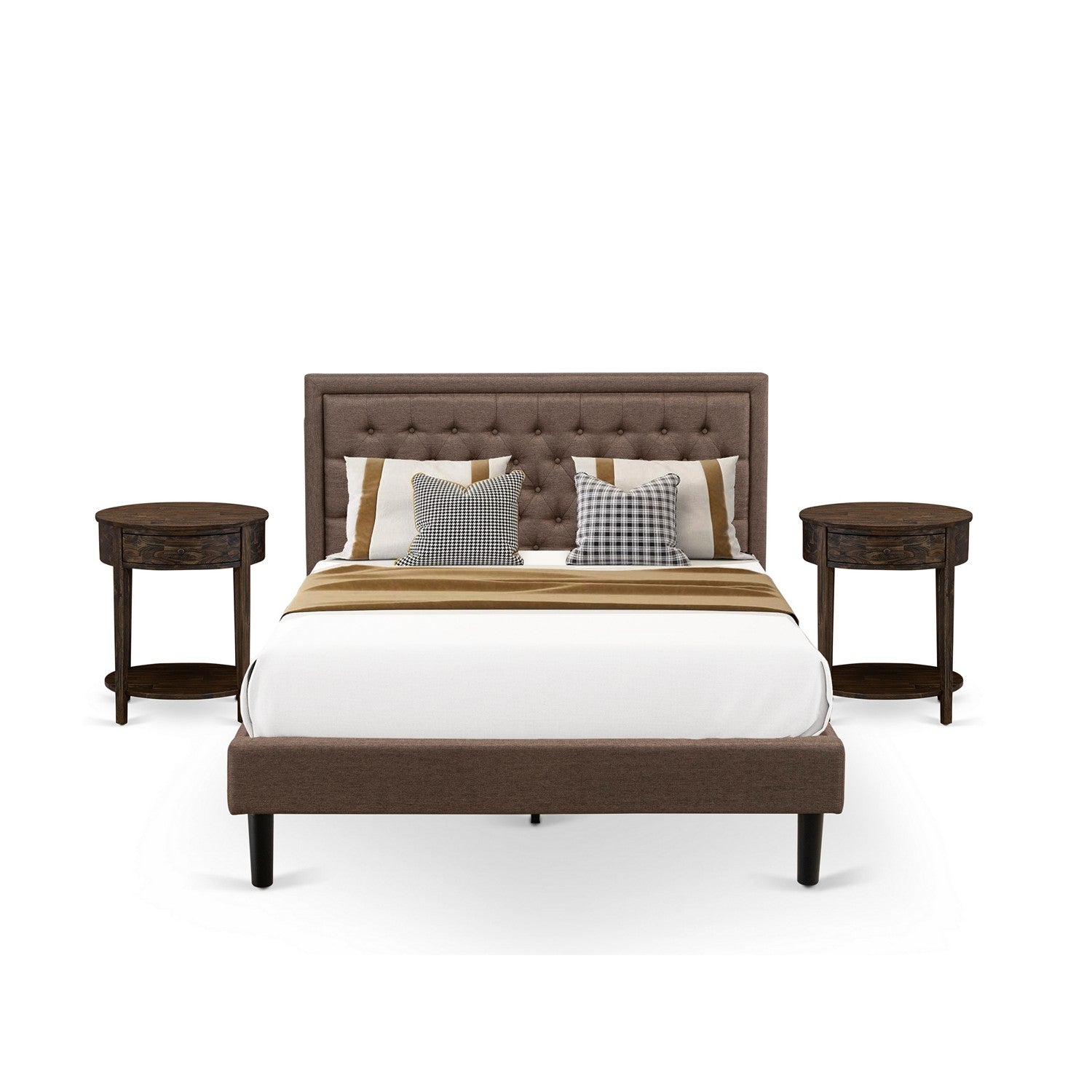 East West Furniture KD18Q-2HI07 3 Piece Bedroom Set - 1 Queen Size Platform Bed Brown Linen Fabric Padded and Button Tufted Headboard with 2 Wooden Night Stand - Distressed Jacobean Finish Nightstand