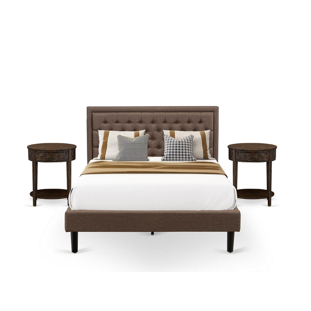 East West Furniture KD18Q-2HI07 3 Piece Queen Bedroom Set - 1 Bed Frame Brown Linen Fabric Padded and Button Tufted Headboard - 2 Bedroom Nightstand with Wooden Drawer - Black Finish Legs