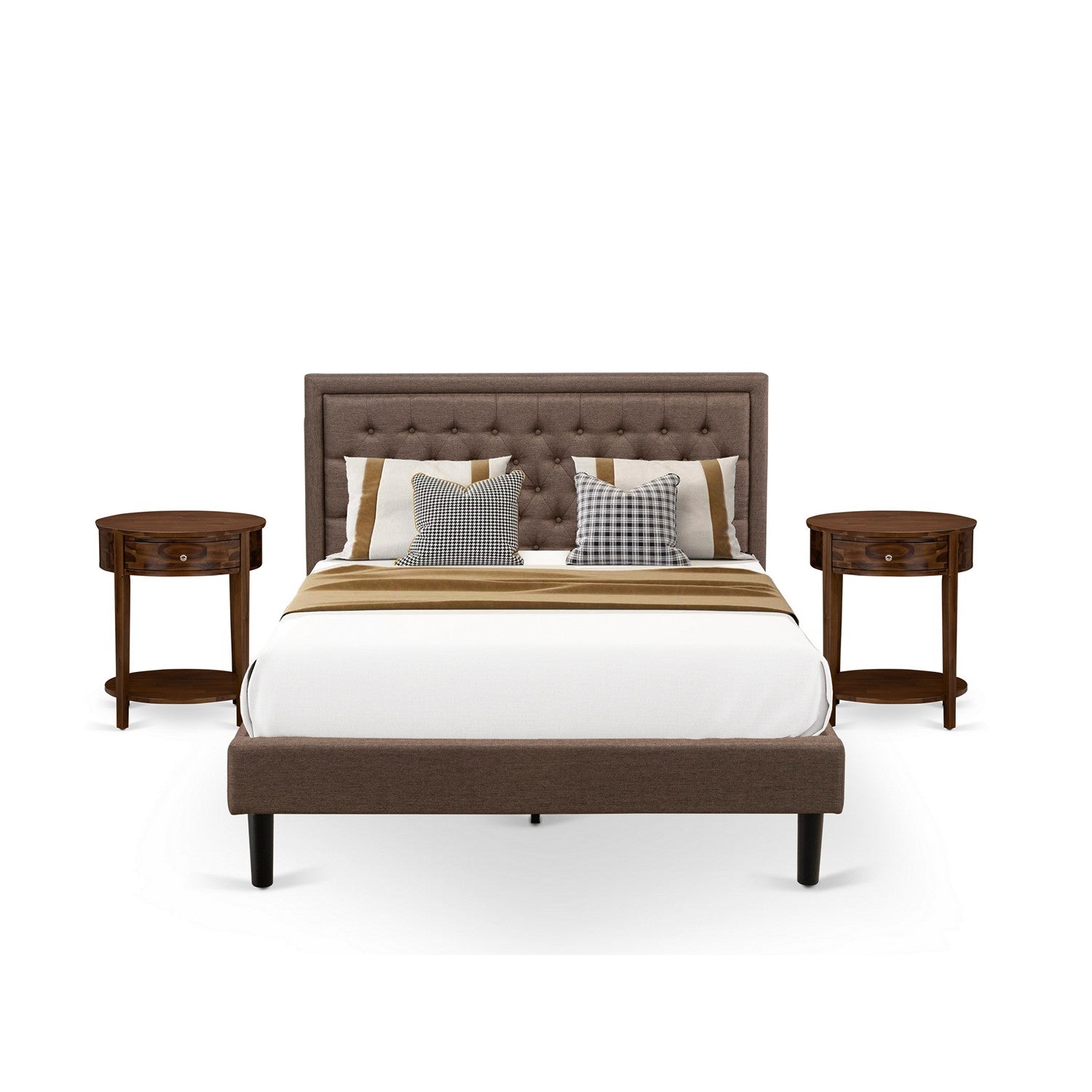 East West Furniture KD18Q-2HI08 3 Piece Bedroom Set - 1 Queen Frame Brown Linen Fabric Padded and Button Tufted Headboard with 2 Night Stand - Antique Walnut Finish Nightstand