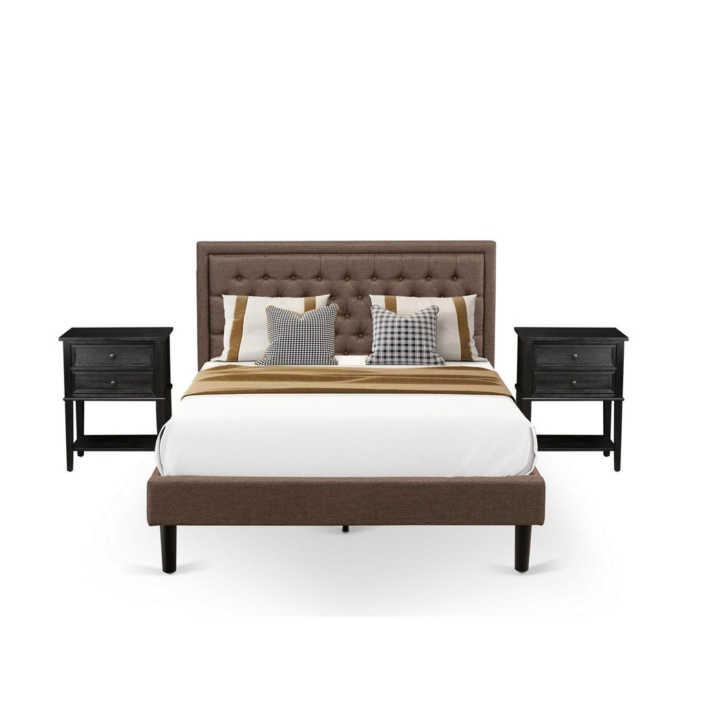 East West Furniture KD18Q-2VL06 3 Pc Queen Size Bed Set - 1 queen platform bed Brown Linen Fabric Padded and Button Tufted Headboard - 2 Small Nightstand with Wooden Drawers - Black Finish Legs