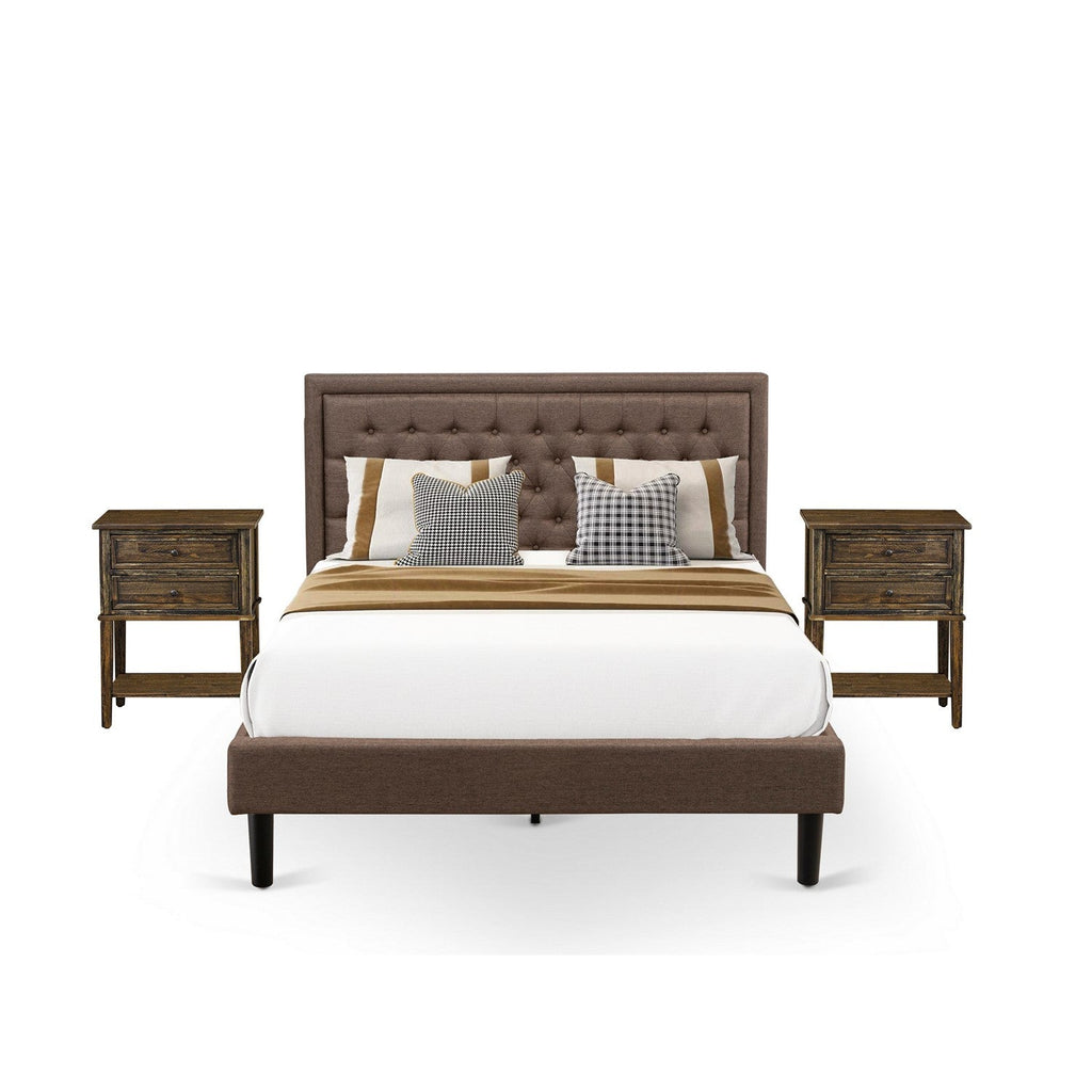 East West Furniture KD18Q-2VL07 3 Pc Bed Set - 1 Bed Frame Brown Linen Fabric Padded and Button Tufted Headboard - 2 Small Nightstand with Wood Drawers for Bedroom - Black Finish Legs