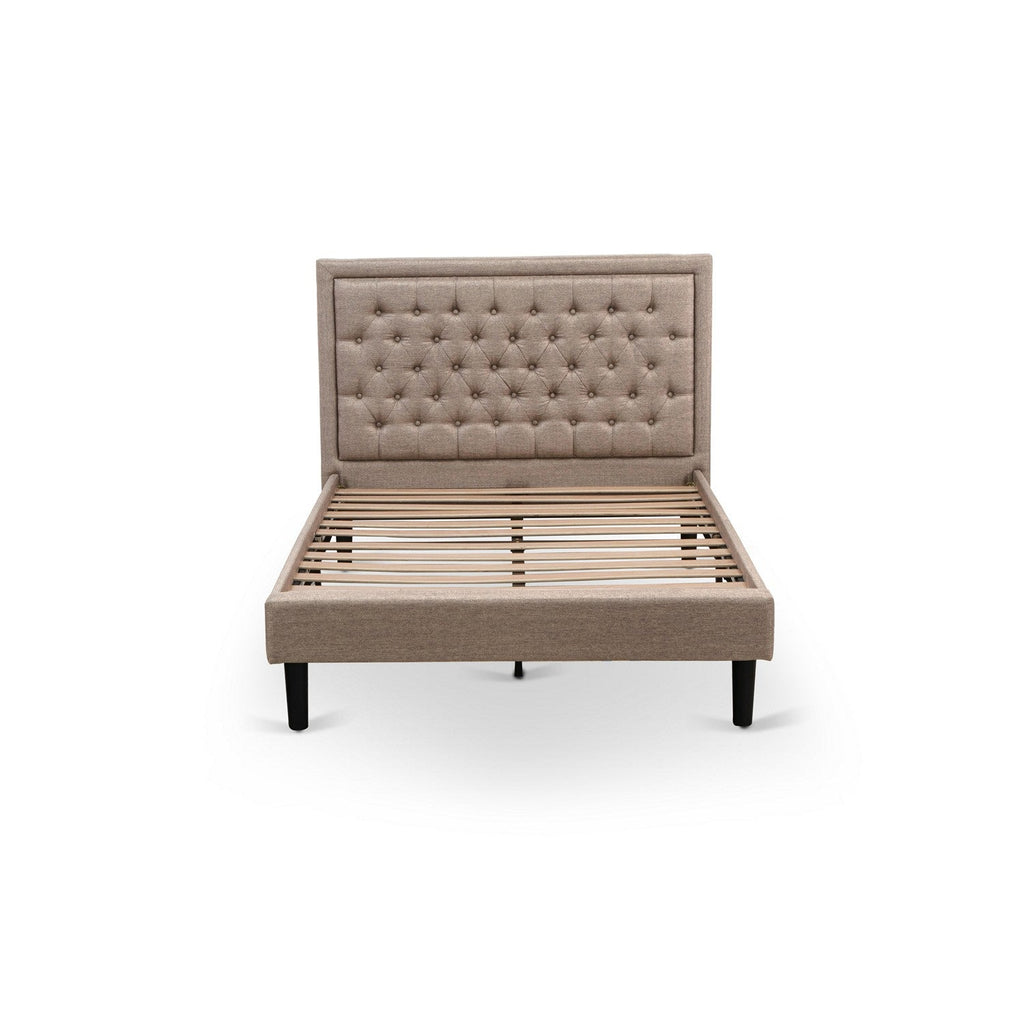 Juego de dormitorio de madera East West Furniture KD16F-1VL0C de 2 piezas: 1 cama de plataforma, cabecero acolchado con botones y tela de lino color caqui oscuro, 1 mesita de noche con cajones de mediados de siglo, patas con acabado negro.