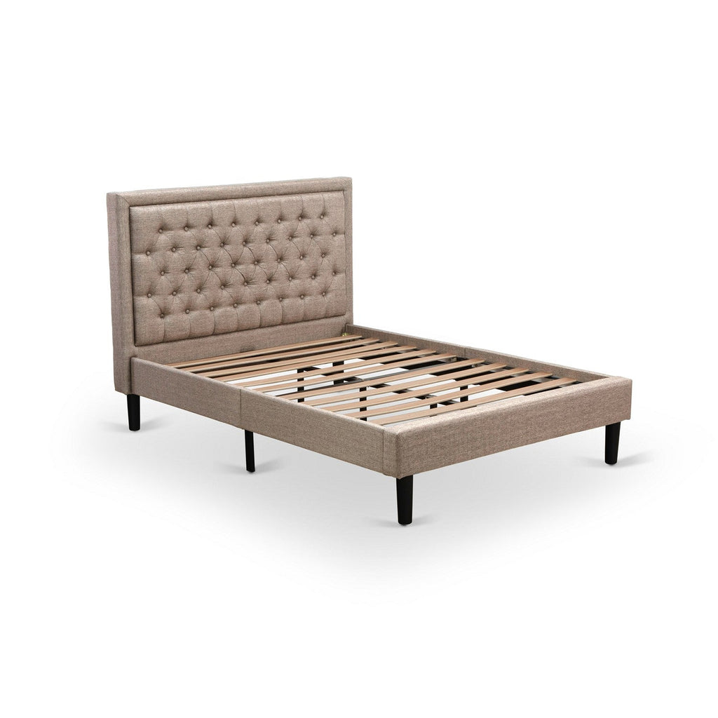 Juego de dormitorio de madera East West Furniture KD16F-1VL0C de 2 piezas: 1 cama de plataforma, cabecero acolchado con botones y tela de lino color caqui oscuro, 1 mesita de noche con cajones de mediados de siglo, patas con acabado negro.