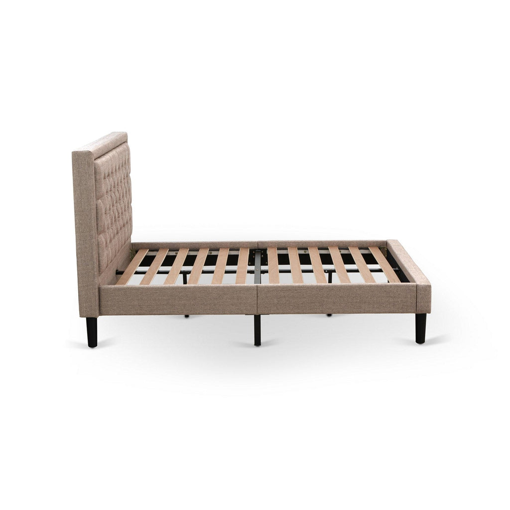 Juego de dormitorio de madera East West Furniture KD16F-1VL0C de 2 piezas: 1 cama de plataforma, cabecero acolchado con botones y tela de lino color caqui oscuro, 1 mesita de noche con cajones de mediados de siglo, patas con acabado negro.