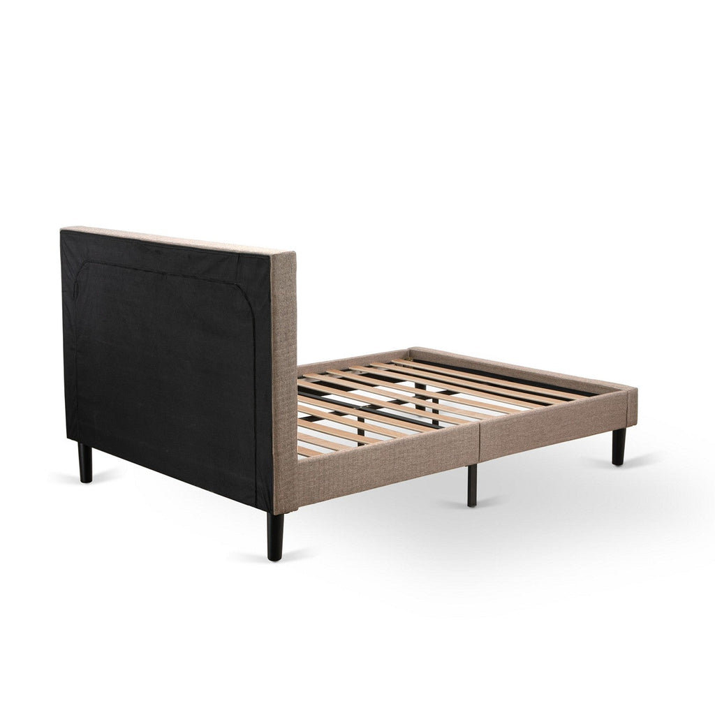 Juego de dormitorio de madera East West Furniture KD16F-1VL0C de 2 piezas: 1 cama de plataforma, cabecero acolchado con botones y tela de lino color caqui oscuro, 1 mesita de noche con cajones de mediados de siglo, patas con acabado negro.