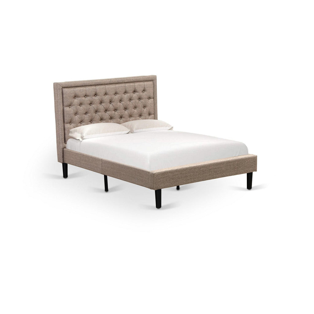 Juego de dormitorio de madera East West Furniture KD16F-1VL0C de 2 piezas: 1 cama de plataforma, cabecero acolchado con botones y tela de lino color caqui oscuro, 1 mesita de noche con cajones de mediados de siglo, patas con acabado negro.