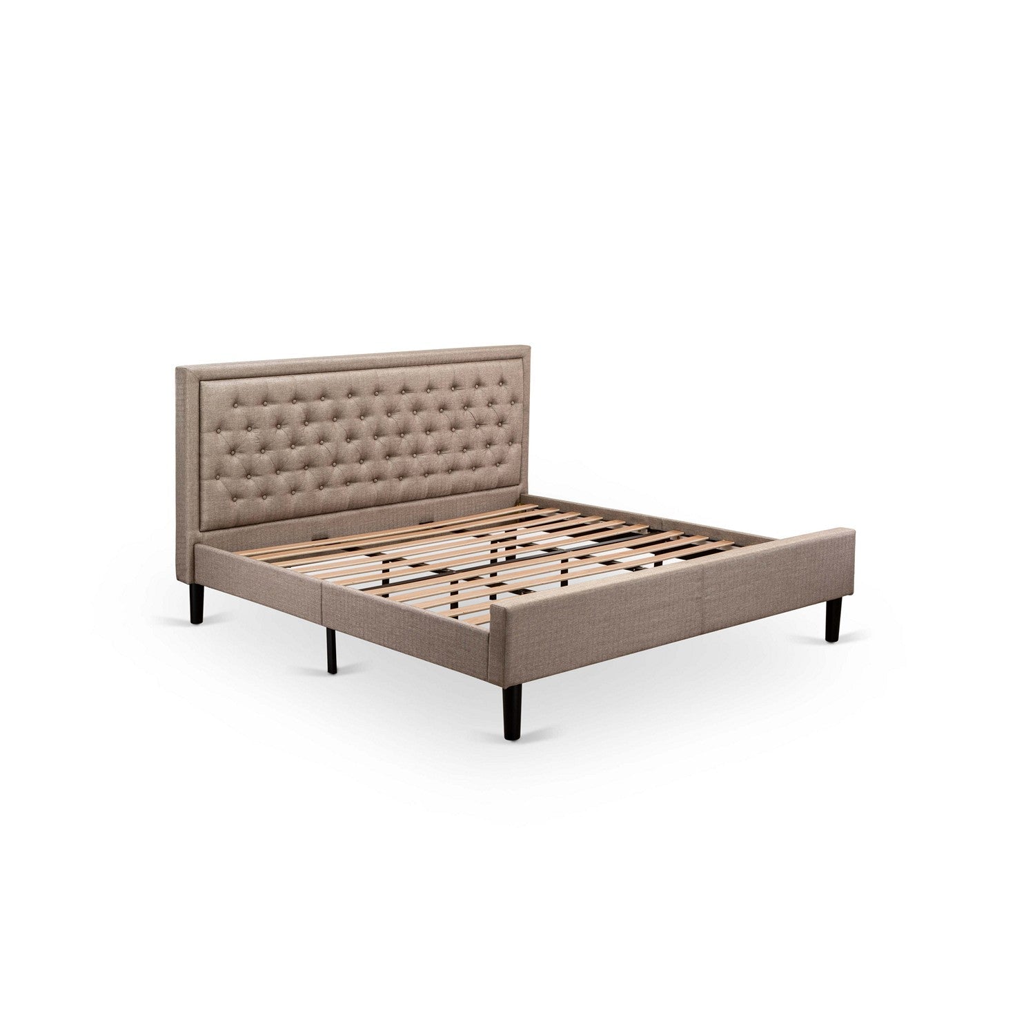 Cama tamaño king con plataforma East West Furniture KDF-16-K - Cabecera tapizada en tela de lino color caqui oscuro con ribete capitoné y patas negras