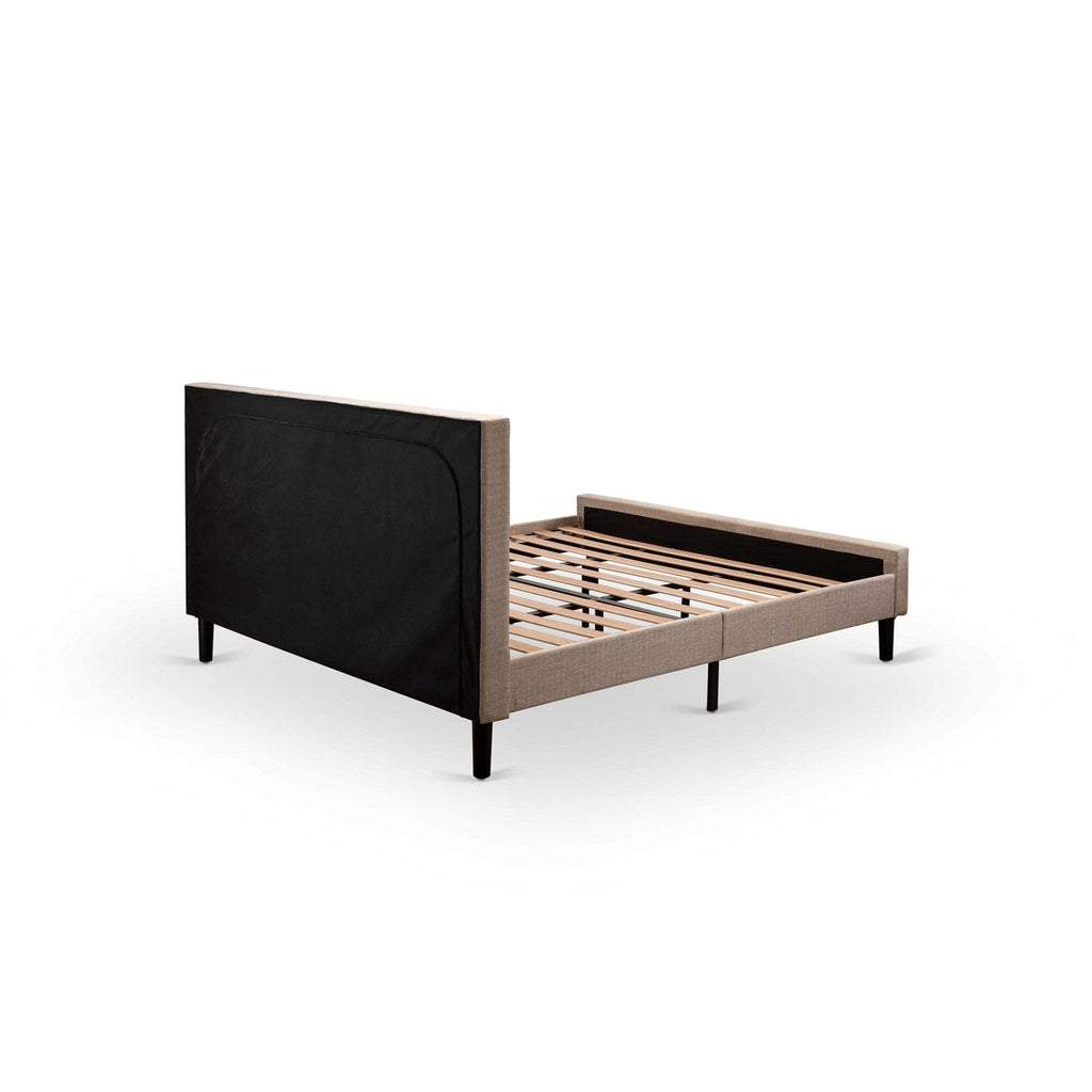 Juego de dormitorio de 3 piezas KD16K-2GA08: 1 cama con plataforma, cabecero acolchado de lino color caqui oscuro y capitoné con botones, 2 mesitas de noche de madera con cajón moderno y patas con acabado negro.