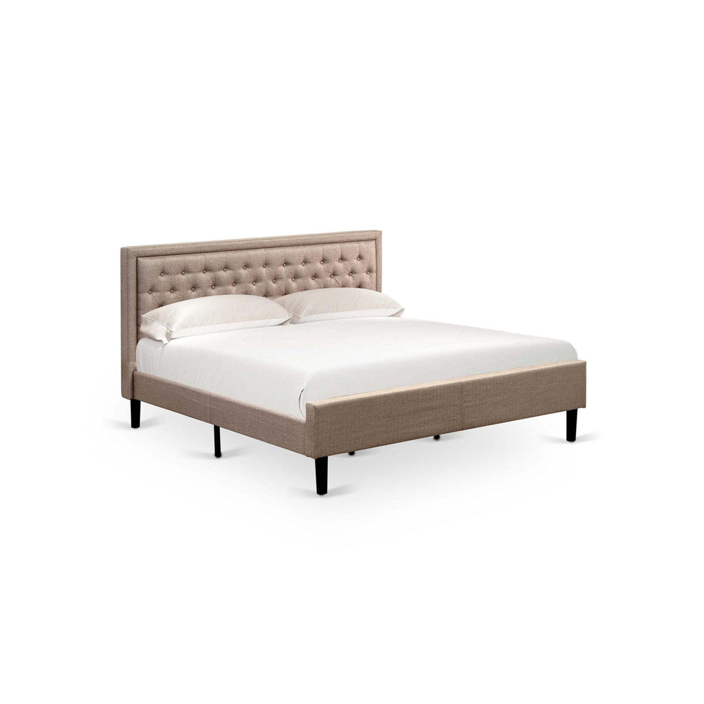 KD16K-2GA08 3 Pc Bedroom Set - 1 Platform Bed Frame Dark Khaki Linen Fabric Padded and Button Tufted Headboard - 2 Wooden Nightstand with Modern Drawer - Black Finish Legs