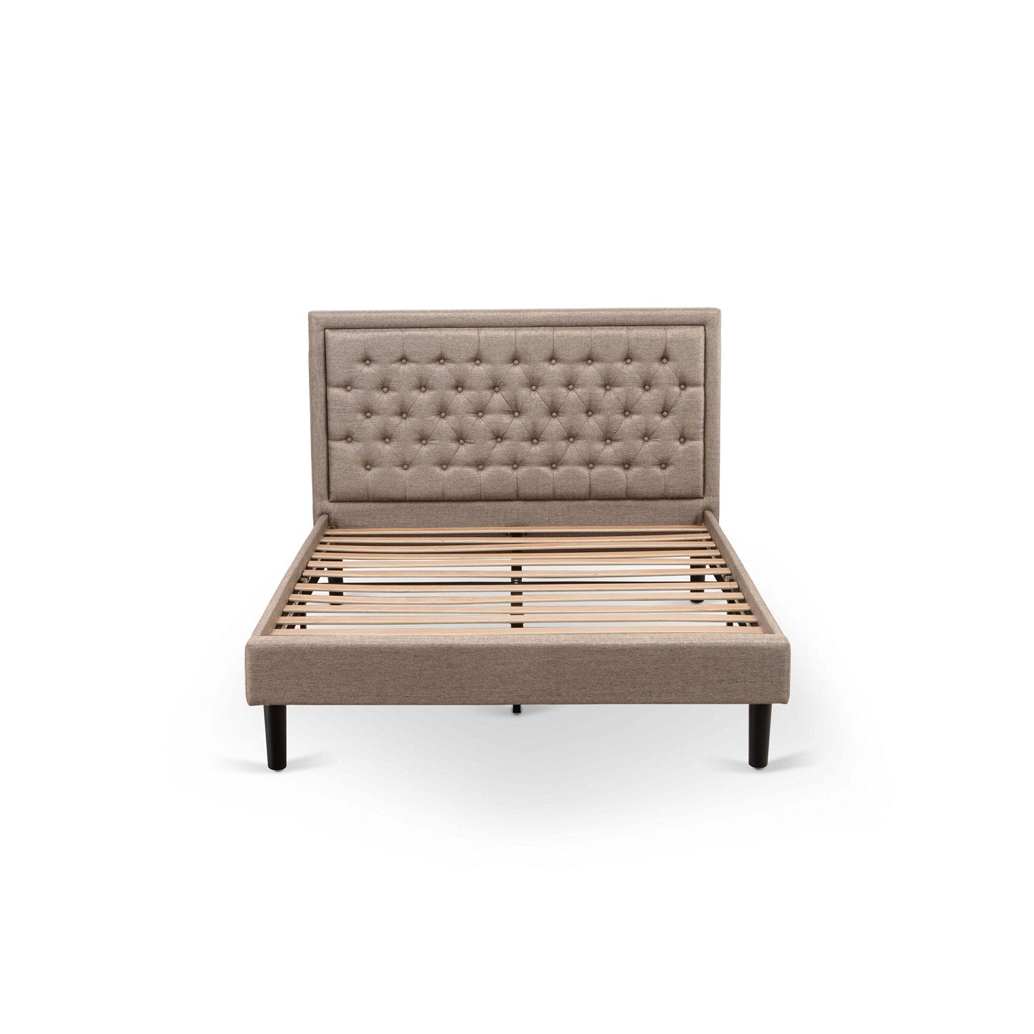 Juego de dormitorio tamaño queen de 3 piezas East West Furniture KD16Q-2VL07: 1 cama de plataforma, cabecero acolchado con botones y tela de lino color caqui oscuro, 2 mesitas de noche con cajones de madera y patas con acabado negro.