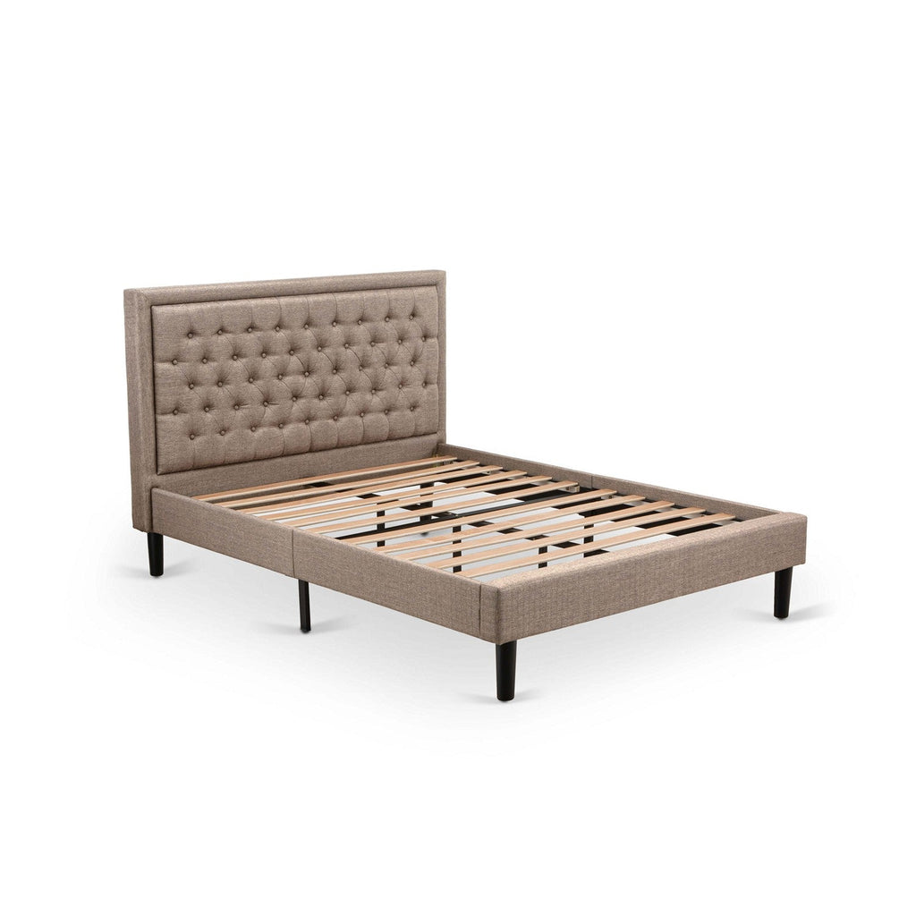 Juego de cama tamaño queen East West Furniture KD16Q-2HI08 de 3 piezas: 1 cama tamaño queen con cabecera acolchada y capitoné de lino color caqui oscuro; 2 mesitas de noche de madera con cajón de madera; patas con acabado negro.
