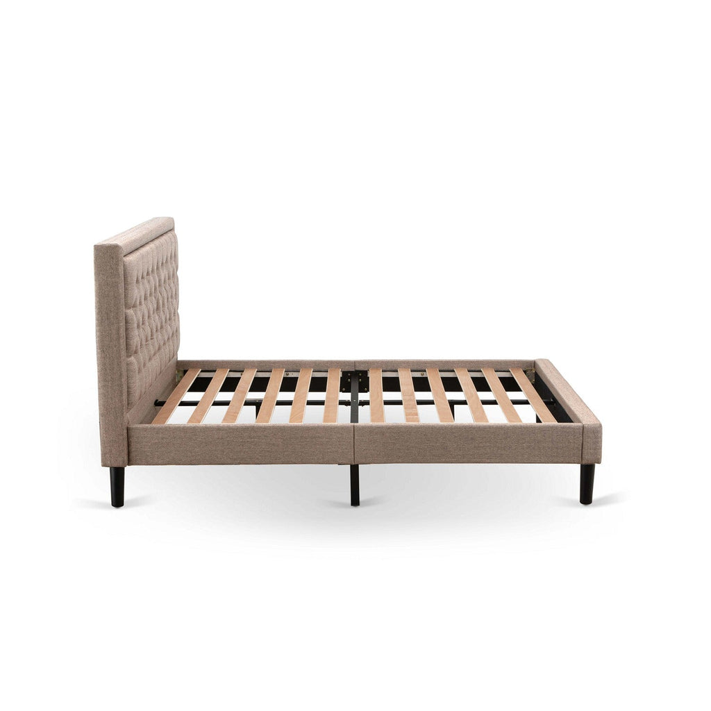 Juego de dormitorio de 3 piezas East West Furniture KD16Q-2GA08 tamaño Queen: 1 cama tamaño Queen, cabecera acolchada con botones y tela de lino color caqui oscuro, 2 mesitas de noche con cajón de madera y patas con acabado negro.