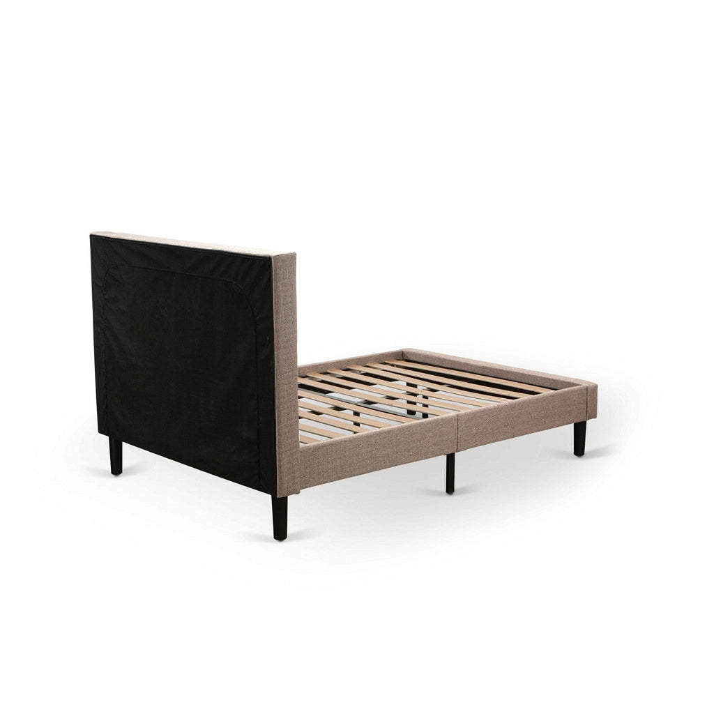 Juego de dormitorio de 3 piezas East West Furniture KD16Q-2GA08 tamaño Queen: 1 cama tamaño Queen, cabecera acolchada con botones y tela de lino color caqui oscuro, 2 mesitas de noche con cajón de madera y patas con acabado negro.