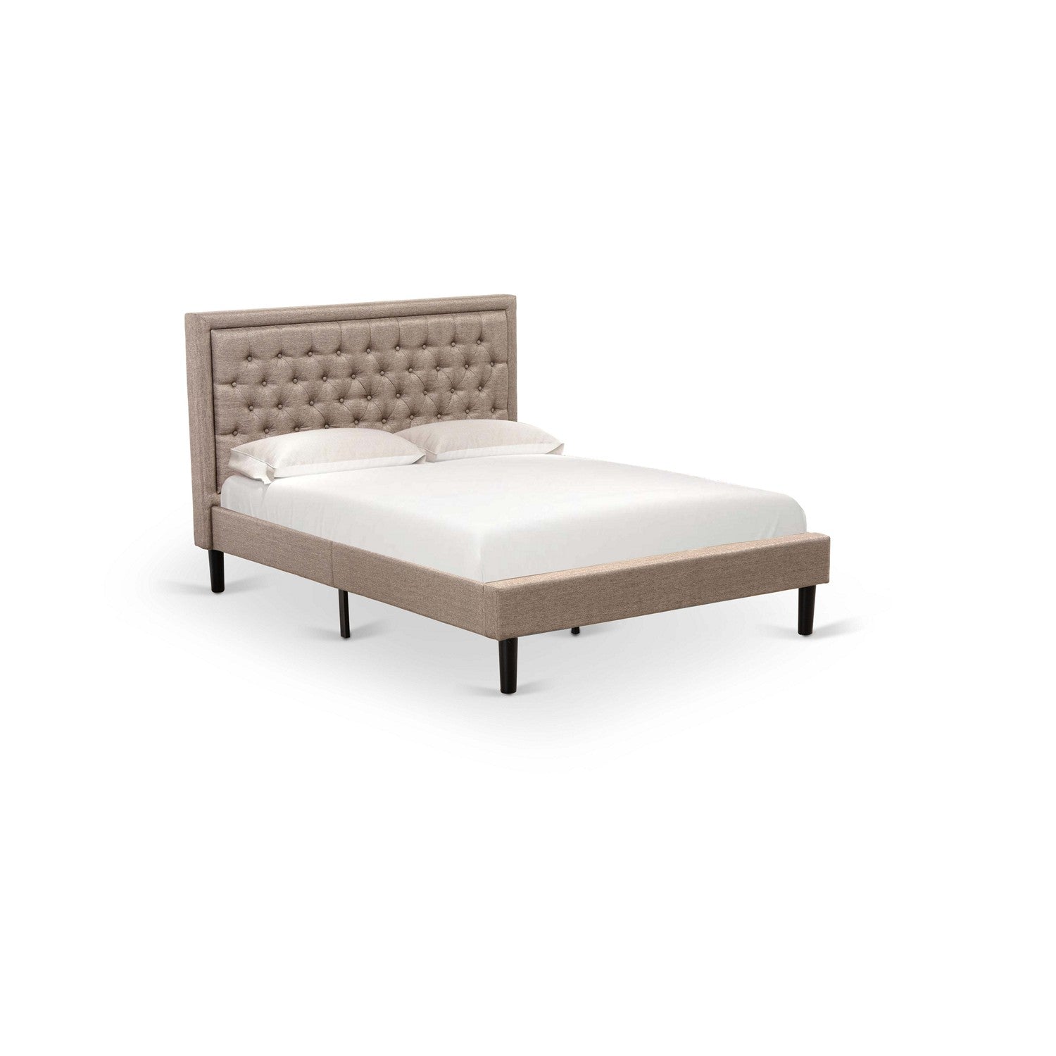 East West Furniture KD16Q-1VL07 2 Piece Queen Size Bed Set - 1 Bed Frame Dark Khaki Linen Fabric Padded and Button Tufted Headboard with 1 Wood Nightstand - Distressed Jacobean Finish Nightstand