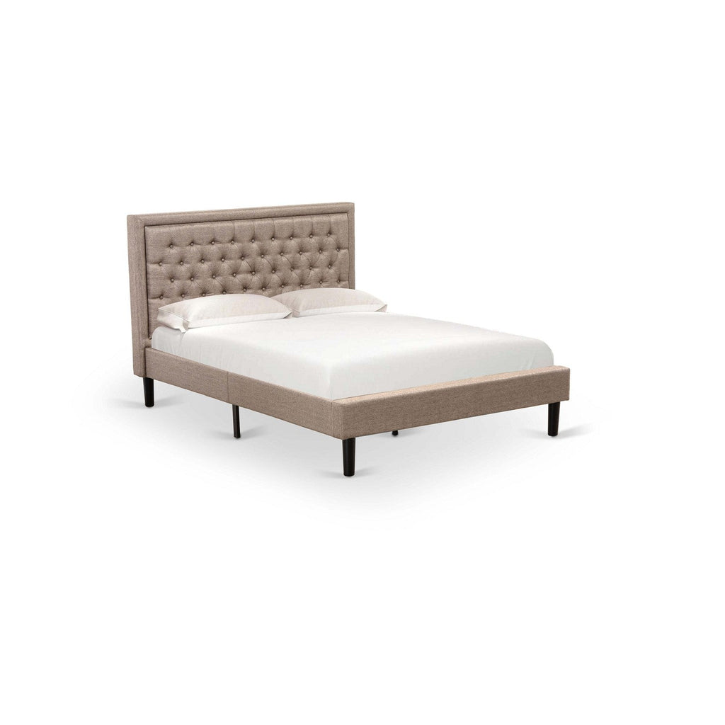 Juego de cama de 3 piezas East West Furniture KD16Q-2GA0C tamaño queen: 1 cama queen, cabecero acolchado de lino color caqui oscuro con botones, 2 mesitas de noche con cajón de madera y patas con acabado negro.